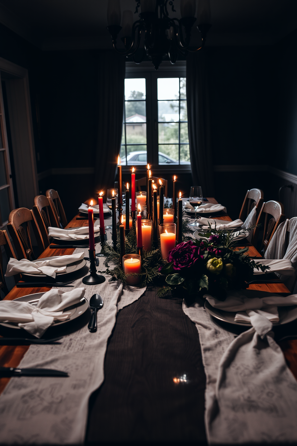 A Halloween dining room features a black lace tablecloth draping elegantly over a long wooden table. Surrounding the table are mismatched vintage chairs, each adorned with small orange and purple cushions for a festive touch. The centerpiece is a stunning arrangement of seasonal flowers in deep purple and black hues, complemented by flickering candle holders. On the table, delicate spiderweb decorations and small pumpkins add to the spooky yet sophisticated atmosphere.