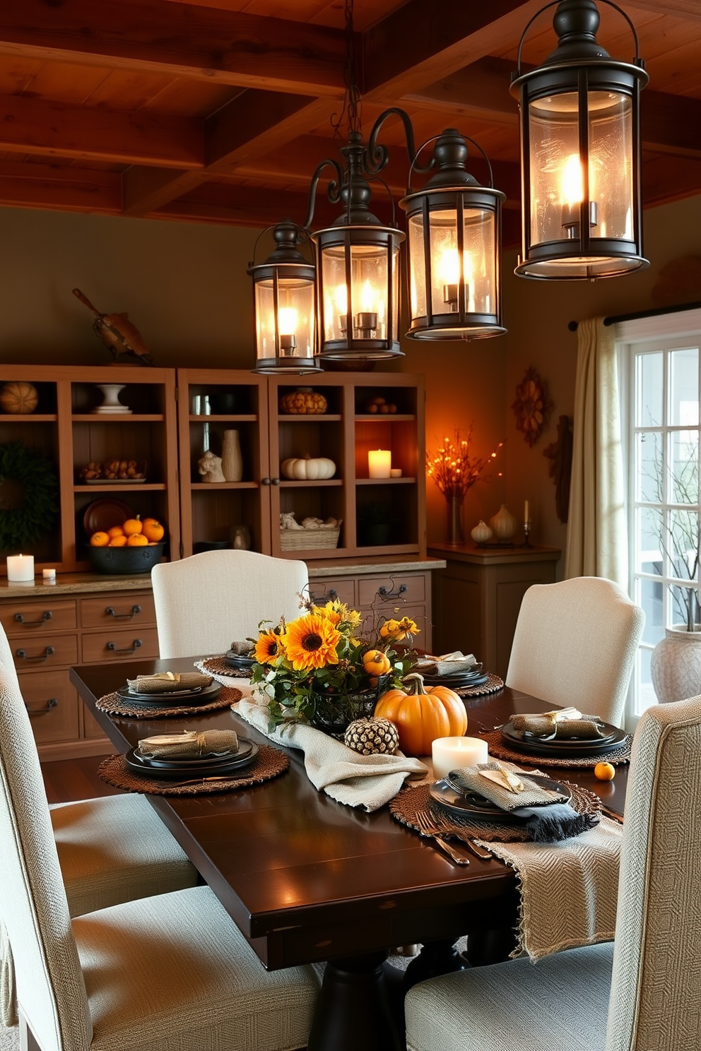 A cozy dining room adorned with vintage lanterns casting a warm glow throughout the space. The table is set with autumn-themed decor, featuring pumpkins and rustic tableware to enhance the Halloween spirit.