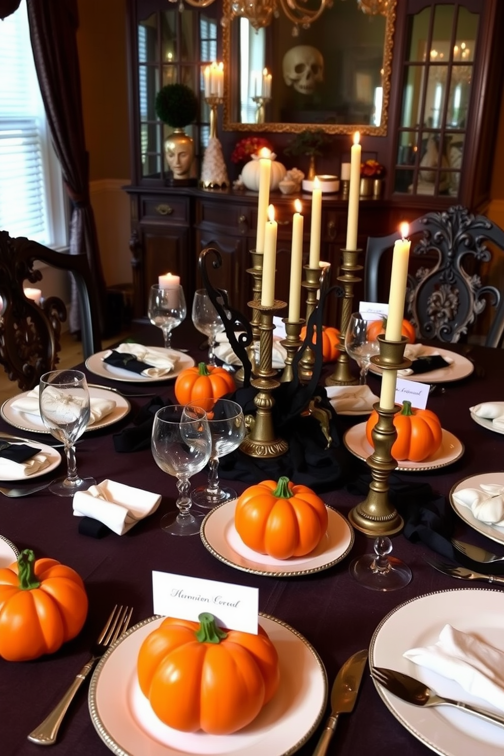 Create a Halloween dining room setting featuring creative pumpkin place card holders on a beautifully set table. The table is adorned with a rich, dark tablecloth and surrounded by elegant chairs, with flickering candlelight casting a warm glow over the festive decor.