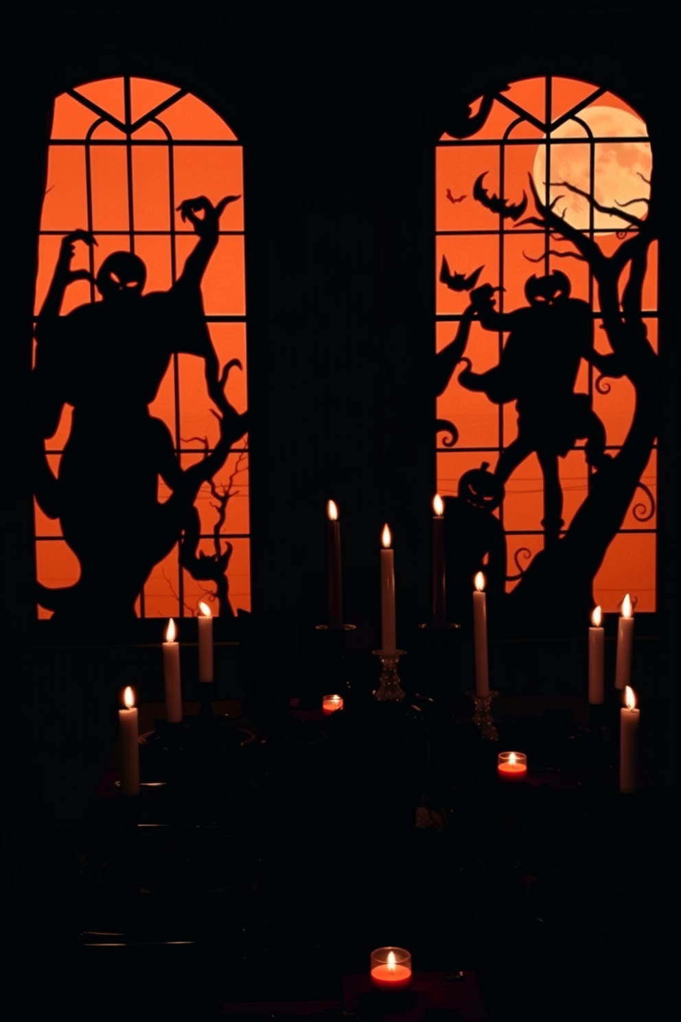 Spooky silhouettes cast eerie shadows on the dining room windows, creating a haunting atmosphere perfect for Halloween. The table is adorned with black and orange decorations, while flickering candlelight adds a mysterious glow to the space.