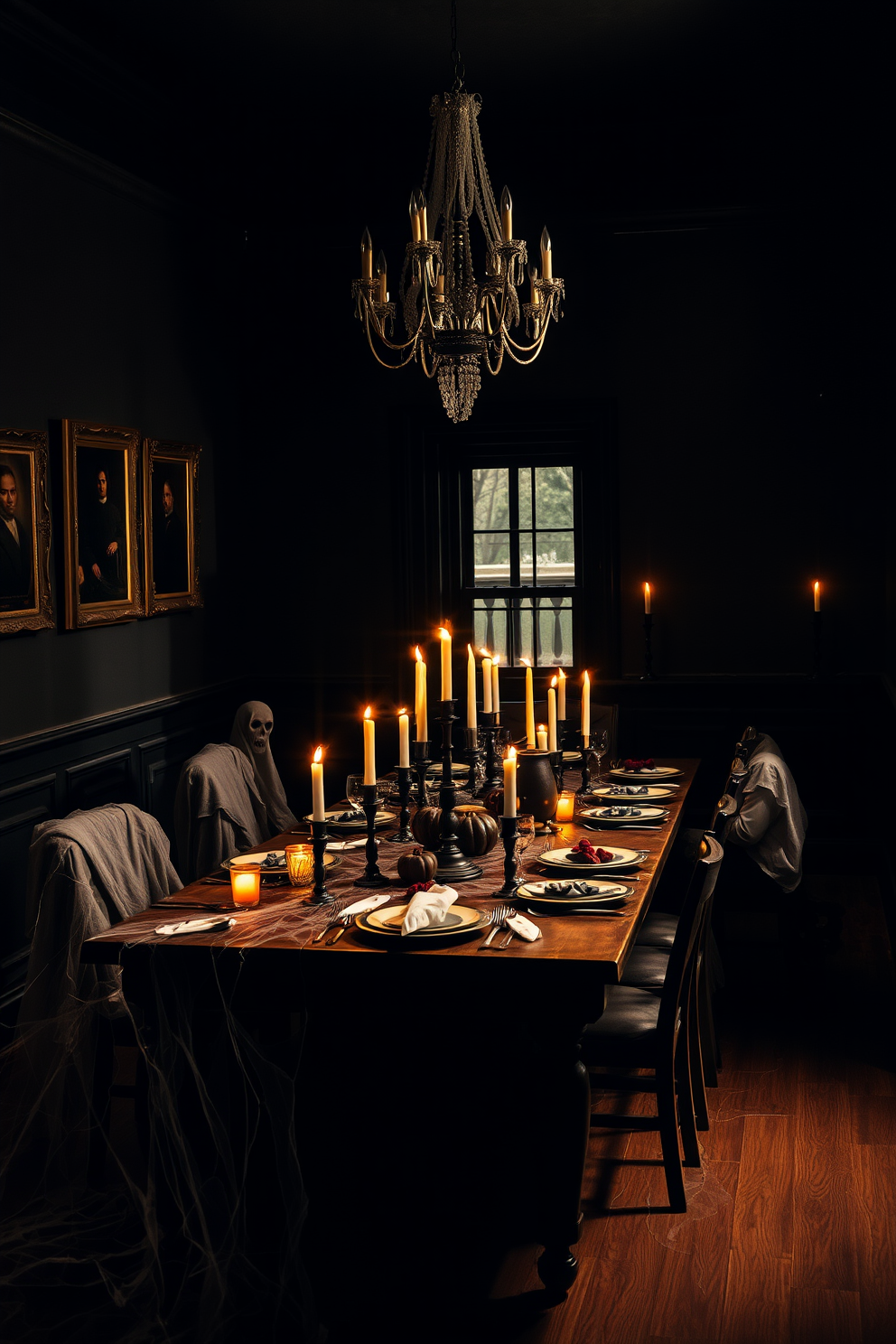 Creepy vintage portraits adorn the walls of a dimly lit dining room, casting eerie shadows that enhance the spooky atmosphere. A long, dark wooden table is set for a Halloween feast, complete with cobwebs, flickering candles, and ghostly tableware.