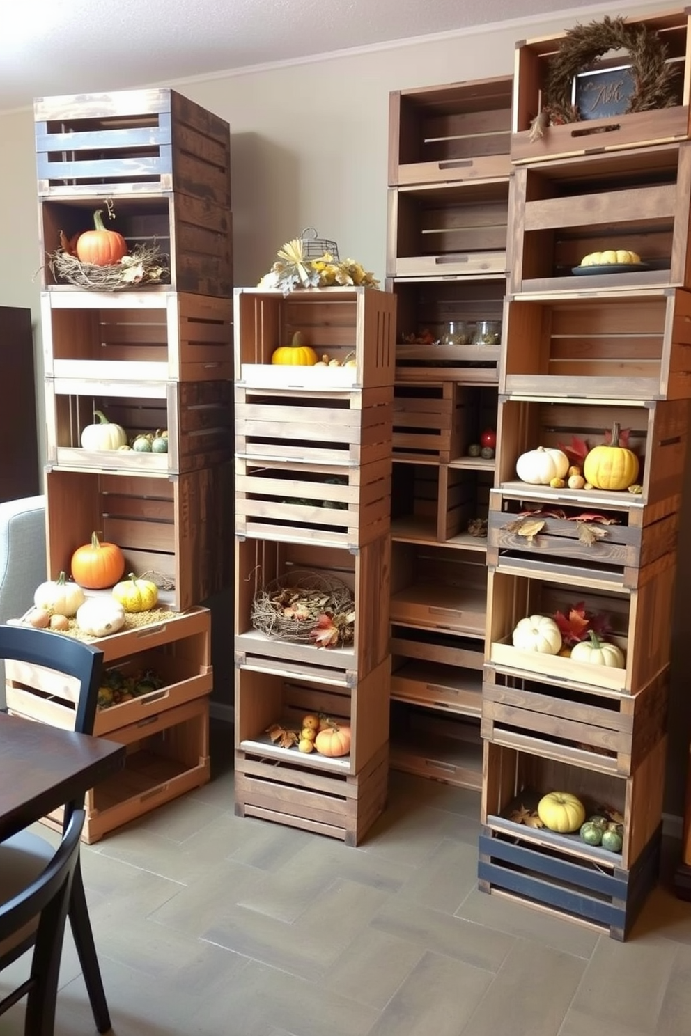 A cozy dining room featuring rustic wooden crates stacked in various arrangements. The crates are filled with seasonal decorations such as pumpkins, gourds, and autumn leaves, creating a warm and inviting atmosphere.