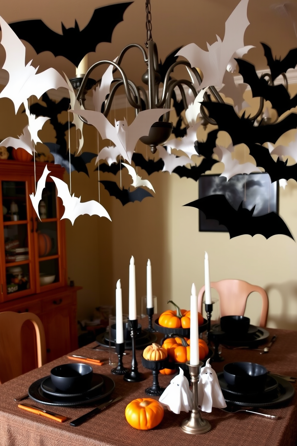 A whimsical dining room setting for Halloween. The chandelier is adorned with hanging paper bats in various sizes, creating a spooky yet festive atmosphere. The dining table is set with black and orange tableware, complemented by a centerpiece of miniature pumpkins. Ghostly white candles flicker softly, casting eerie shadows across the room.