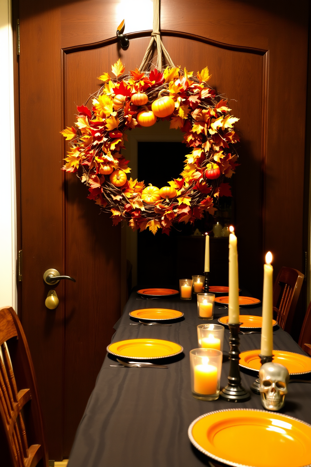 Create a Halloween dining room scene featuring spooky silhouettes cast on the windows. The table is elegantly set with dark, moody tableware, and flickering candles provide an eerie glow throughout the space.