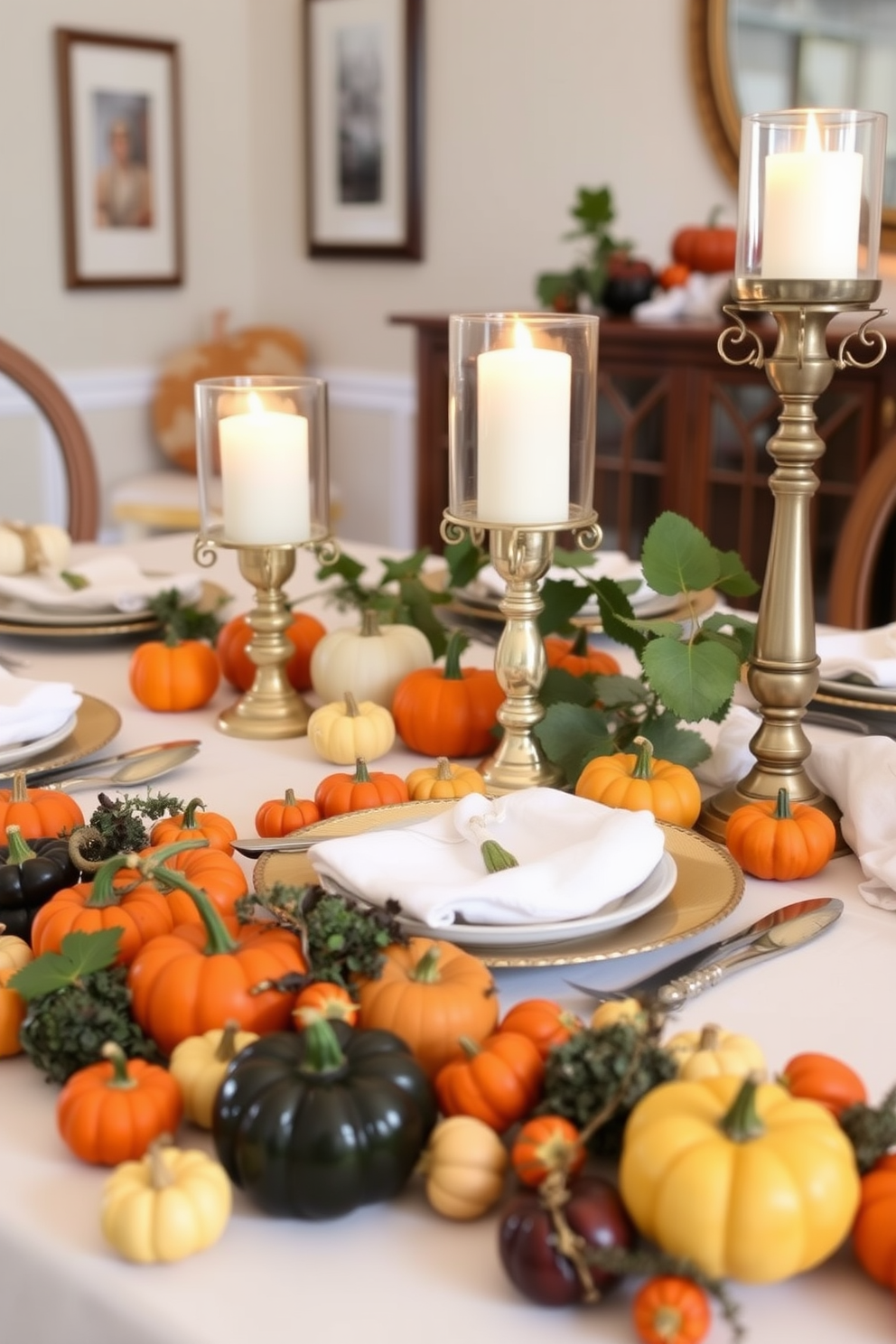 A festive dining room setting adorned with a table scatter of mini pumpkins in various sizes and colors. The table is set with elegant dinnerware, and soft candlelight flickers from decorative holders, creating a warm and inviting atmosphere.