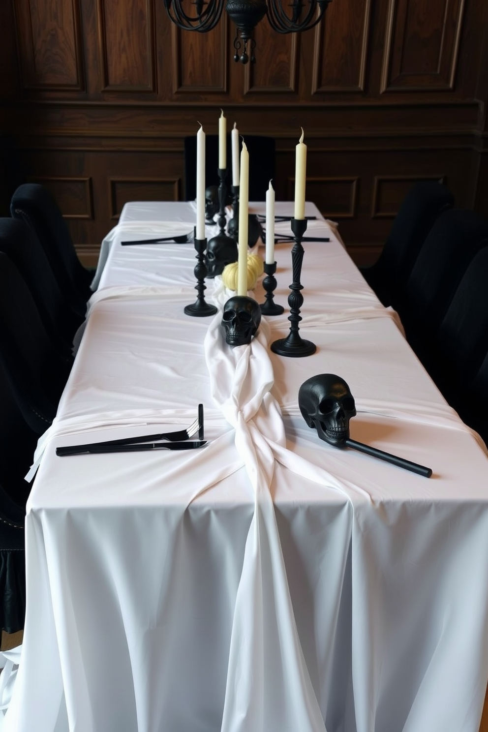 A Halloween dining room setting featuring ghostly white table runners and napkins elegantly draped over a long dark wooden table. Surrounding the table are mismatched vintage chairs, each adorned with small pumpkins and flickering candle holders for an eerie ambiance.