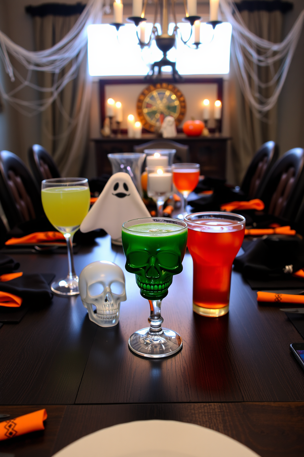 A festive dining room adorned with a garland made of vibrant candy corn. The table is set with orange and black tableware, complemented by flickering candlelight for a spooky ambiance.