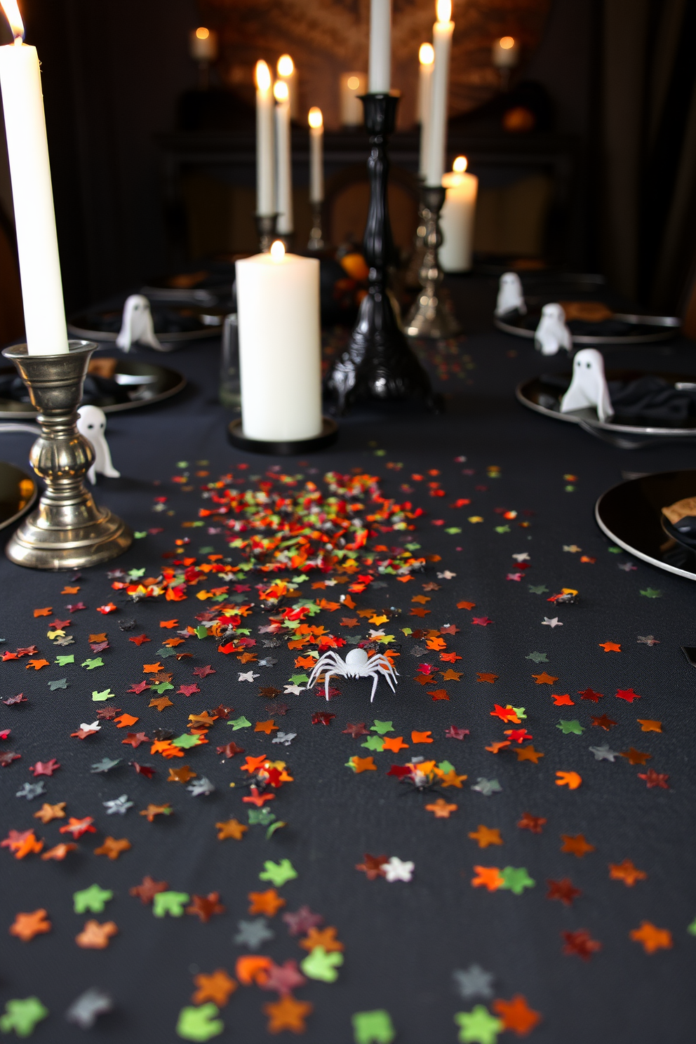 A spooky dining table set for Halloween featuring creepy crawly confetti scattered across a black tablecloth. The table is adorned with miniature spiders and ghosts, alongside flickering candlelight creating an eerie atmosphere.