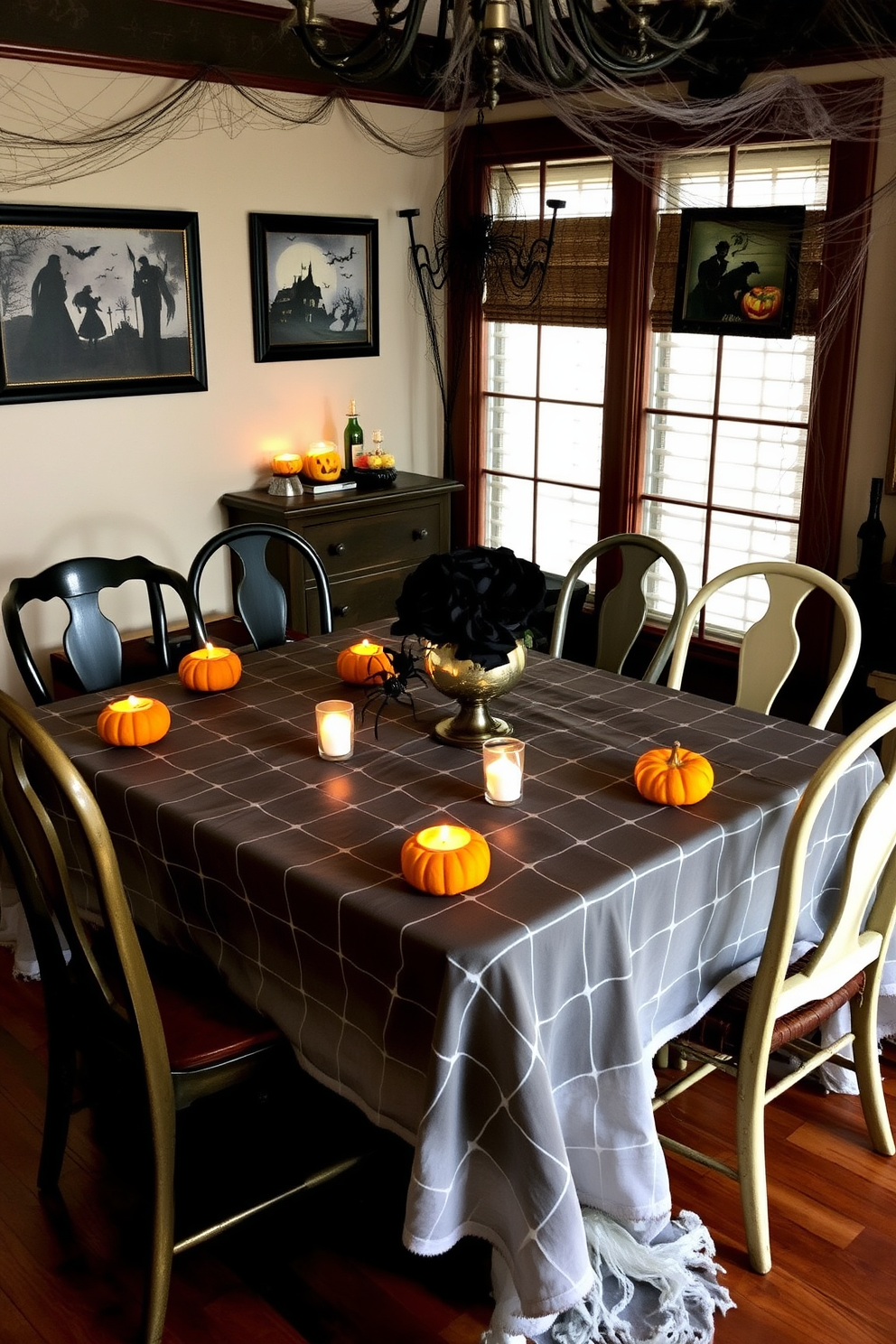 A dramatic dining room setting adorned with dark floral arrangements featuring black roses. The table is elegantly set with gothic-inspired tableware, and flickering candles cast a warm glow over the scene.