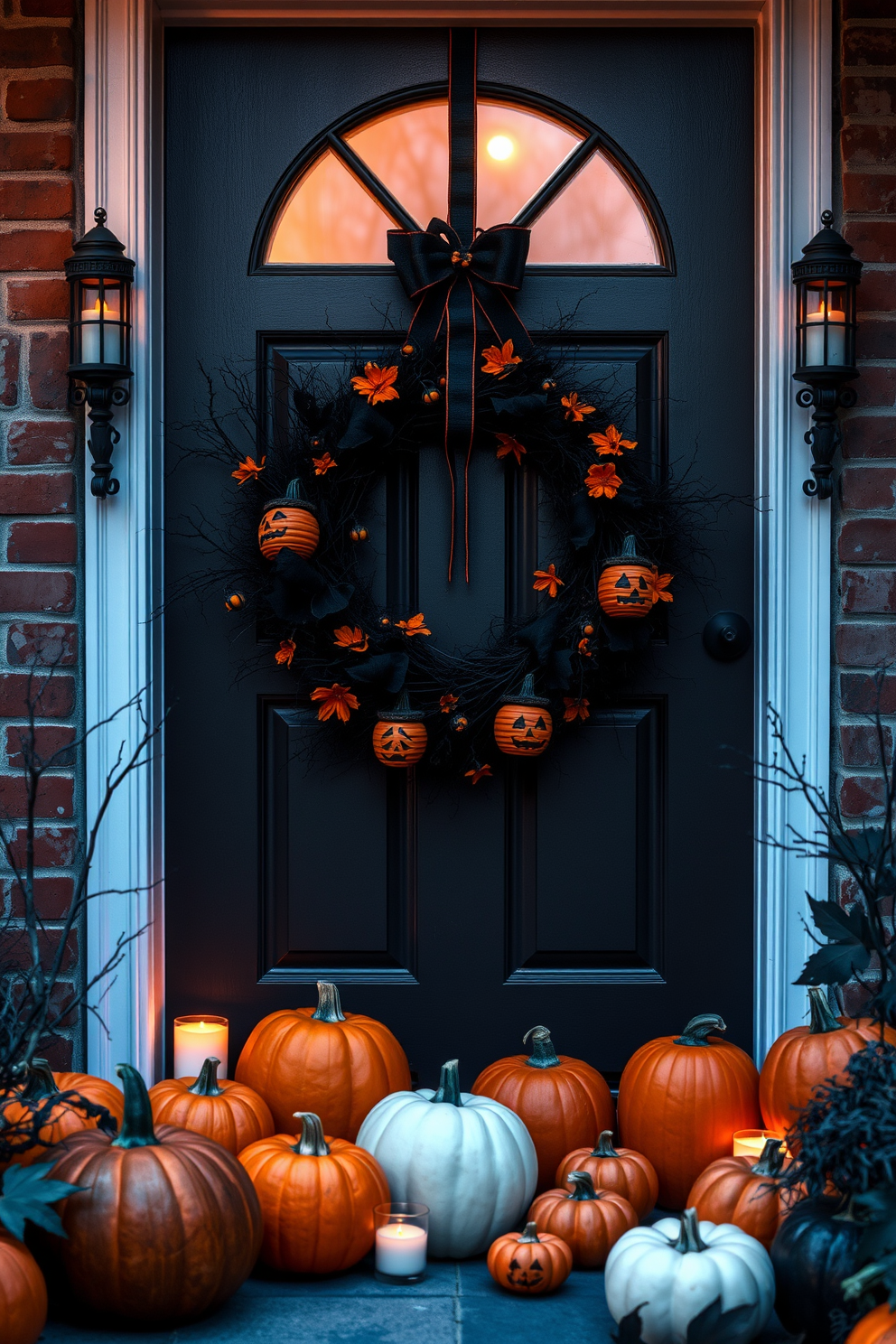 A spooky wreath adorned with black and orange elements hangs on the front door, creating an inviting yet eerie atmosphere. Surrounding the entryway, pumpkins of various sizes are strategically placed, with flickering candles nestled among them to enhance the Halloween spirit.