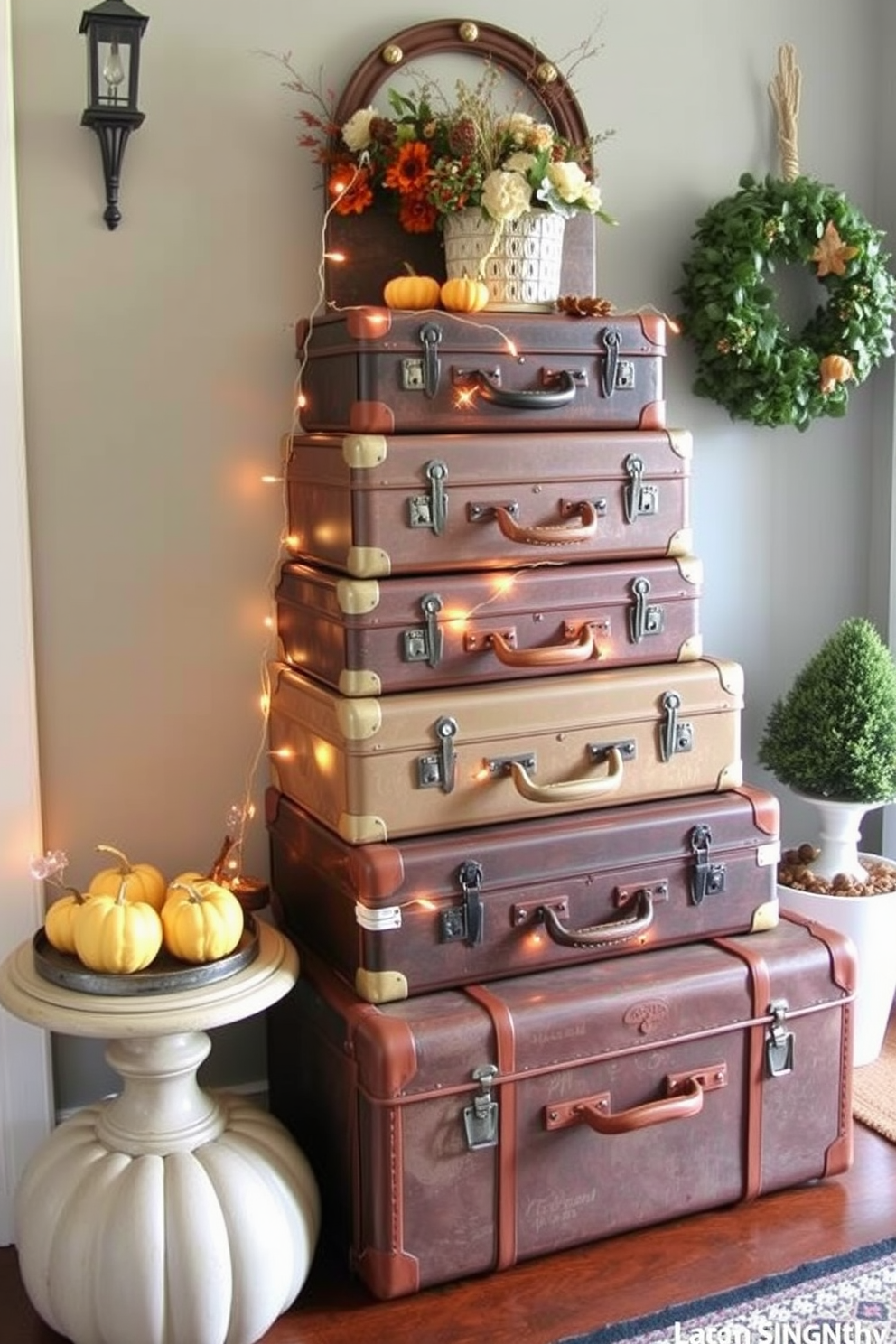 A charming entryway featuring vintage suitcases stacked creatively as decor. The suitcases are adorned with autumn-themed decorations, including small pumpkins and fairy lights for a festive Halloween touch.