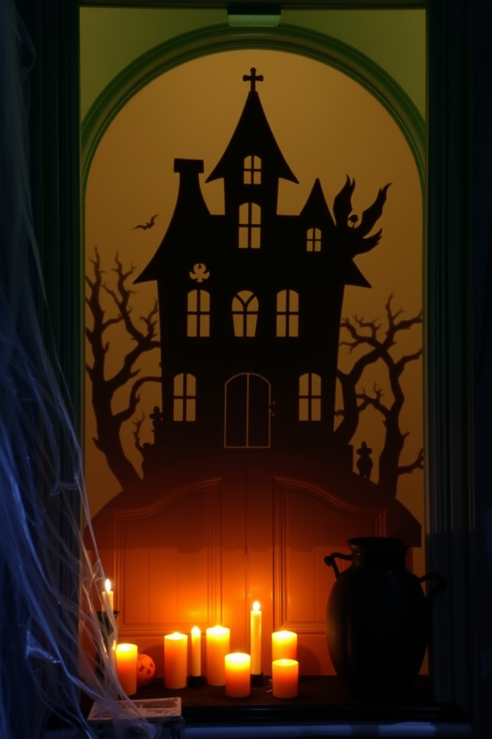 A spooky haunted house silhouette is displayed on the window, casting eerie shadows across the entryway. The entrance is adorned with cobwebs and flickering candle lights, creating a chilling atmosphere for Halloween.