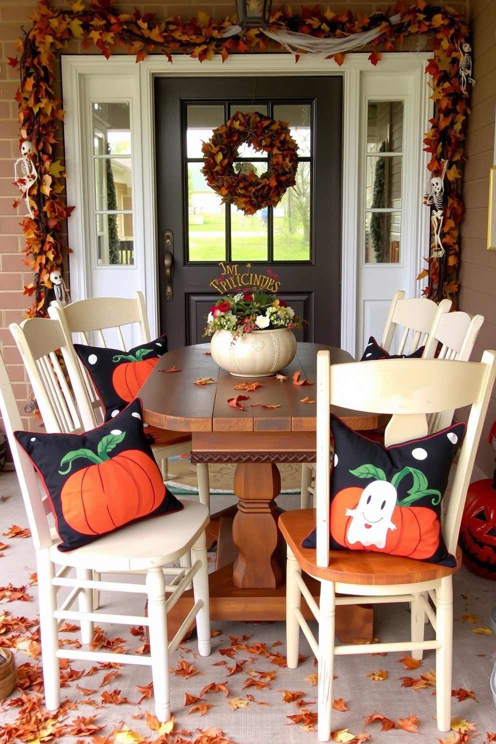 Mismatched chairs are arranged around a rustic wooden table, each adorned with vibrant Halloween-themed cushions featuring pumpkins and ghosts. The entryway is decorated with a mix of autumn leaves, cobwebs, and playful skeletons, creating a festive and inviting atmosphere.