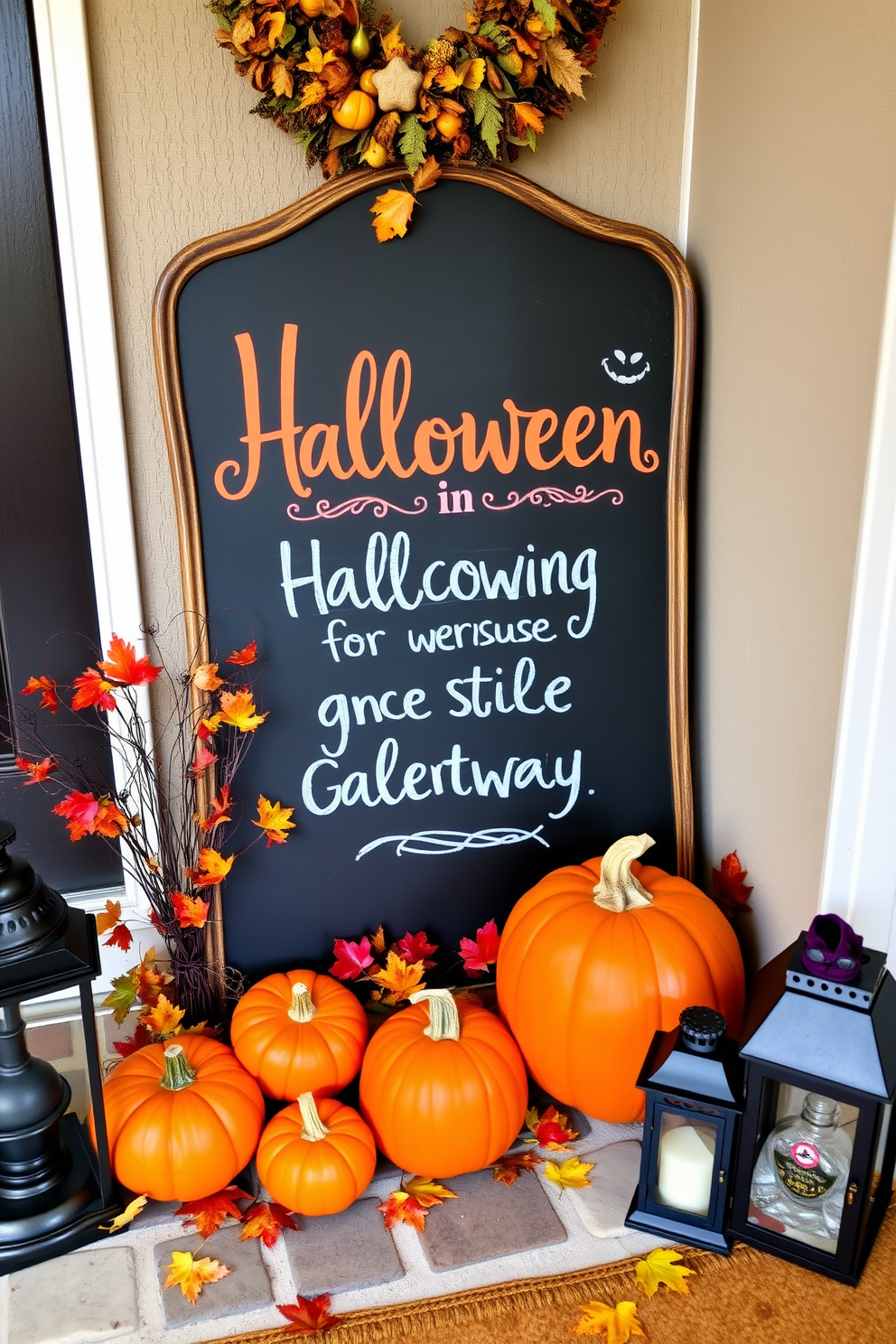 A Halloween entryway features glowing eyes peering out from the dense bushes, creating an eerie yet inviting atmosphere. The path is lined with flickering lanterns, guiding guests toward a door adorned with cobwebs and spooky decorations.