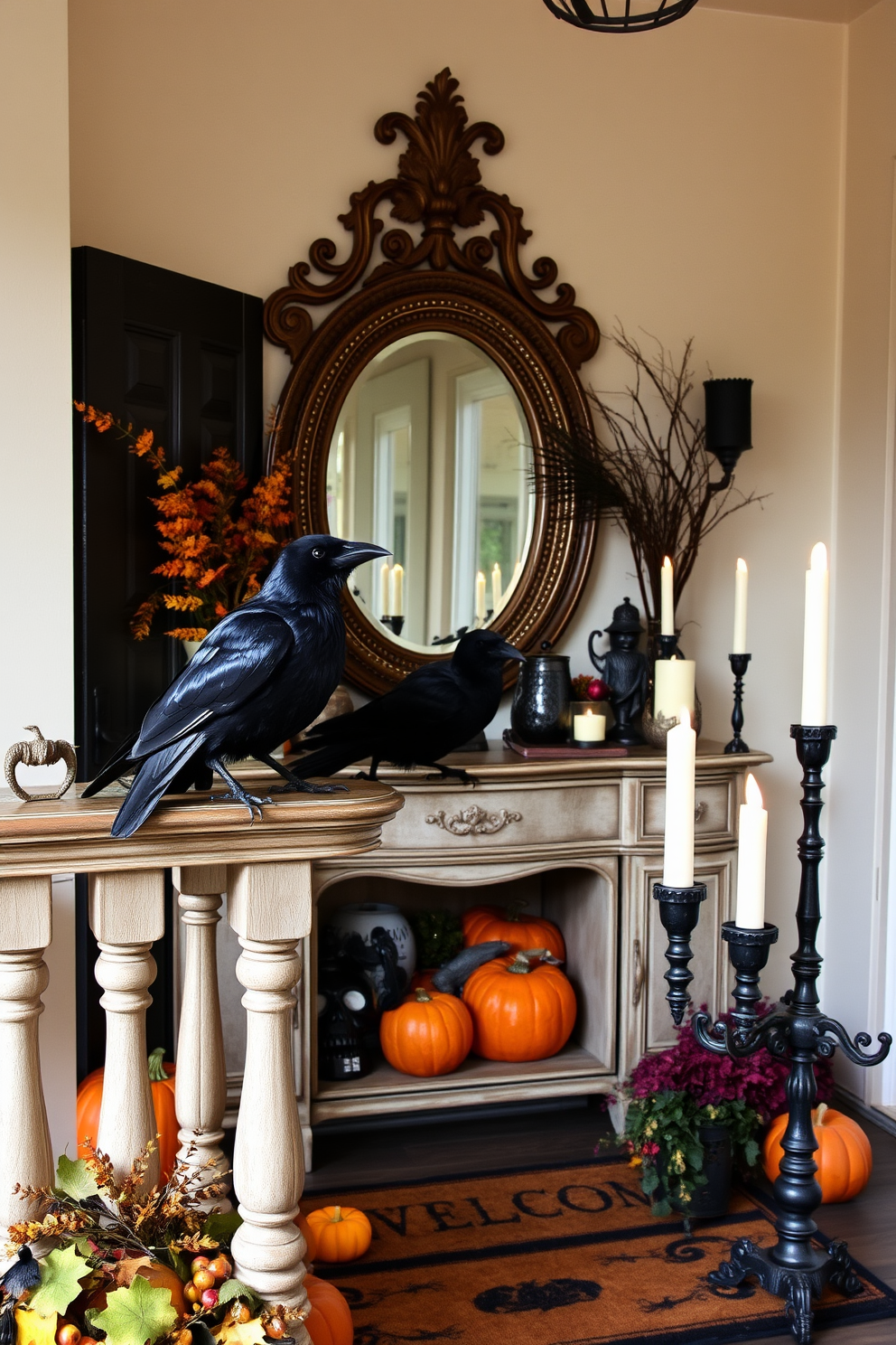 Crows are perched on a rustic wooden railing, their glossy feathers glistening in the soft glow of autumn light. The entryway features a warm welcome mat adorned with seasonal motifs, surrounded by pumpkins and an array of fall foliage. A large, ornate mirror hangs above a vintage console table, where a collection of spooky decorations adds to the Halloween spirit. Flickering candles in decorative holders cast dancing shadows, enhancing the eerie yet inviting atmosphere of the space.