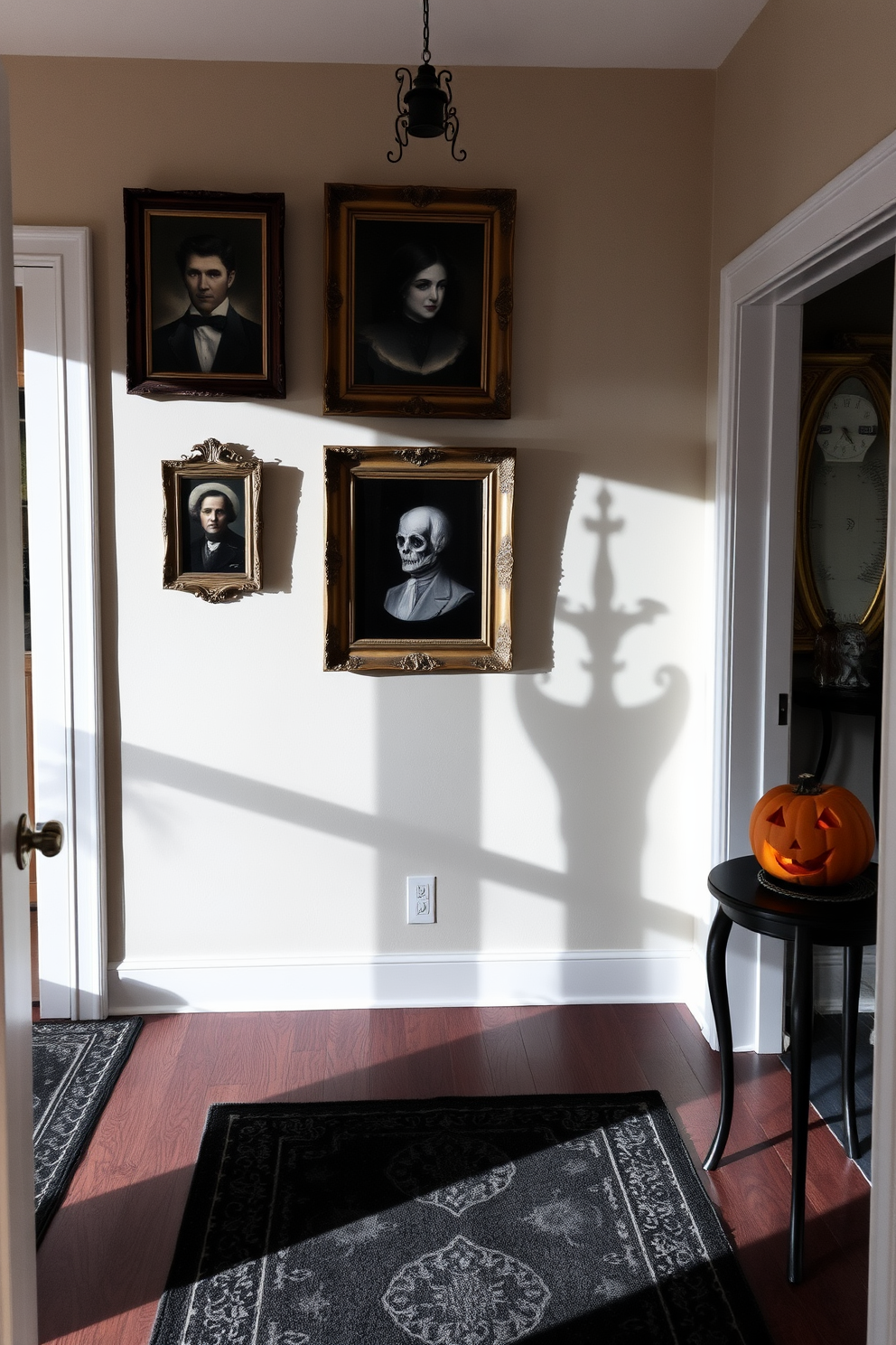 Spooky portraits hang in vintage frames, casting eerie shadows on the walls of the entryway. The floor is adorned with a dark, patterned rug, and a carved pumpkin sits on a small table, adding to the Halloween ambiance.