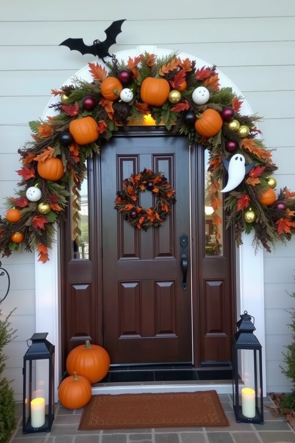 A festive Halloween garland drapes elegantly above the door, adorned with an assortment of pumpkins, ghosts, and autumn leaves. The entryway is warmly lit with flickering candle lanterns, creating an inviting atmosphere for guests.