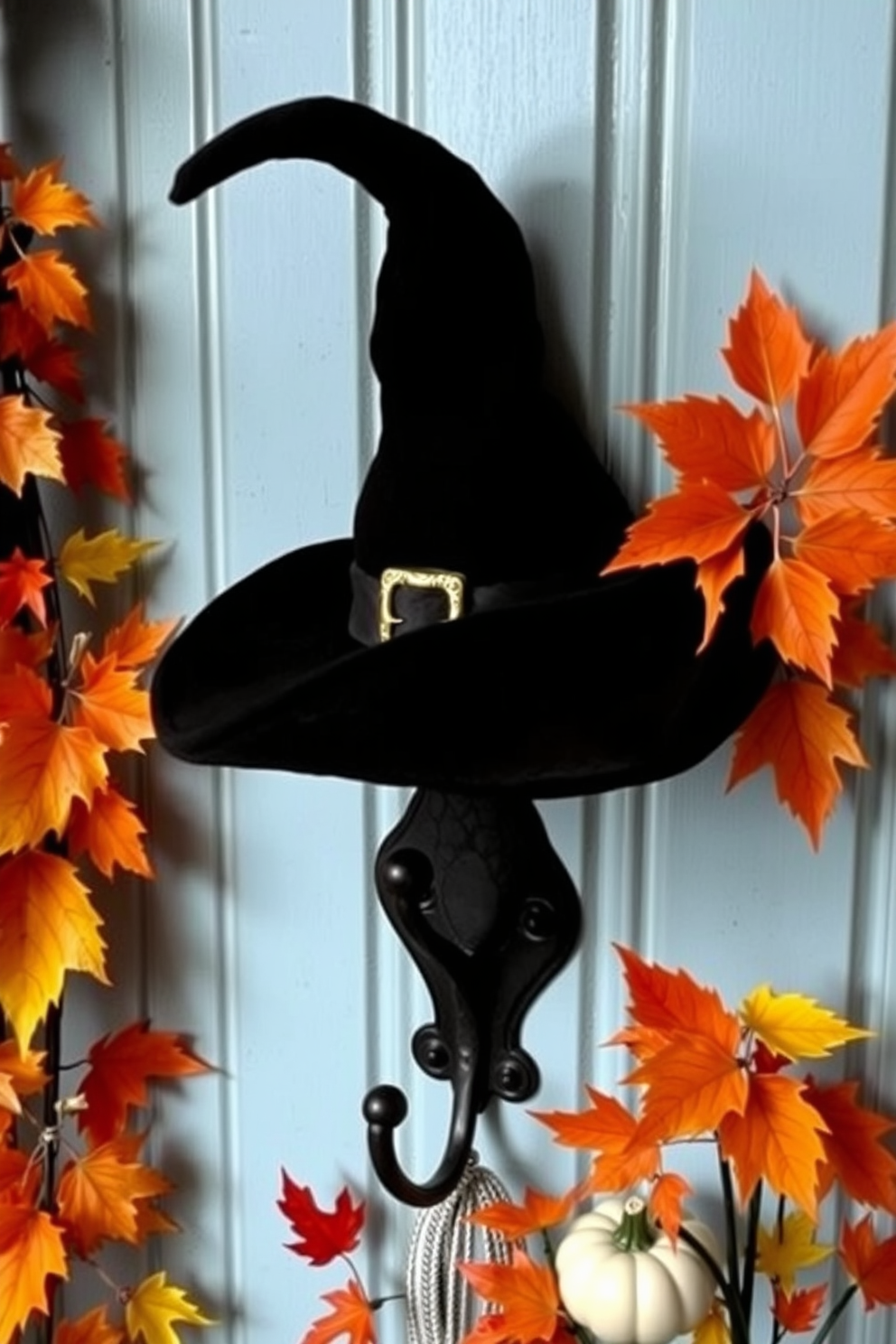 A whimsical Halloween entryway features a vintage coat hook adorned with a classic witch's hat. Surrounding the hook are autumn leaves and small pumpkins, creating a festive and inviting atmosphere.