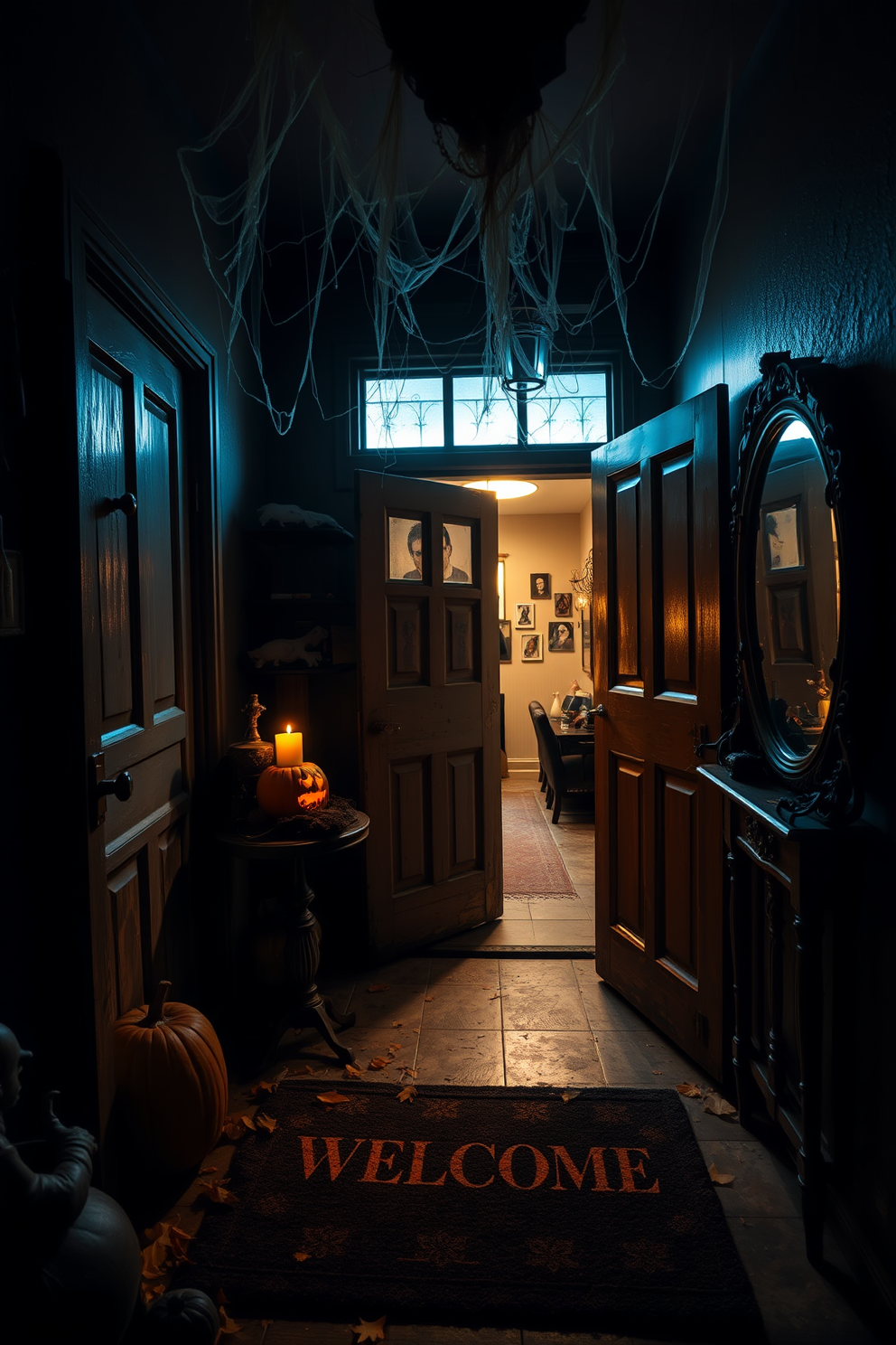 A hauntingly beautiful entryway adorned for Halloween. Shadows dance as ghostly figures peek from the corners, draped in sheer white fabric that billows gently with the breeze. The floor is lined with dark, rustic planks, complementing the eerie ambiance. A vintage console table displays flickering candles and autumnal decorations, inviting guests into a world of spooky elegance.