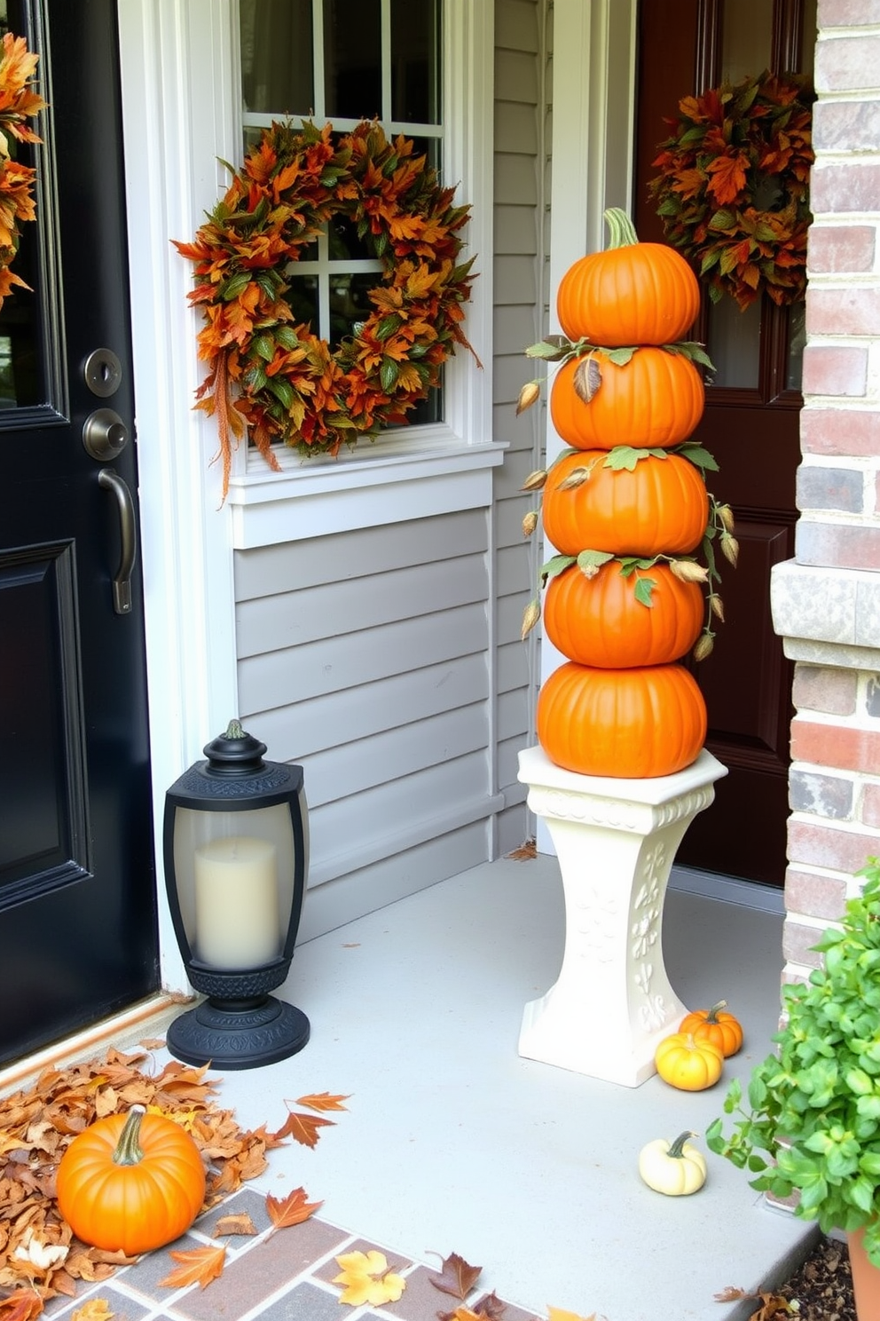 A charming entryway adorned for Halloween. A pumpkin topiary stands prominently by the entrance, surrounded by autumn leaves and small decorative gourds.