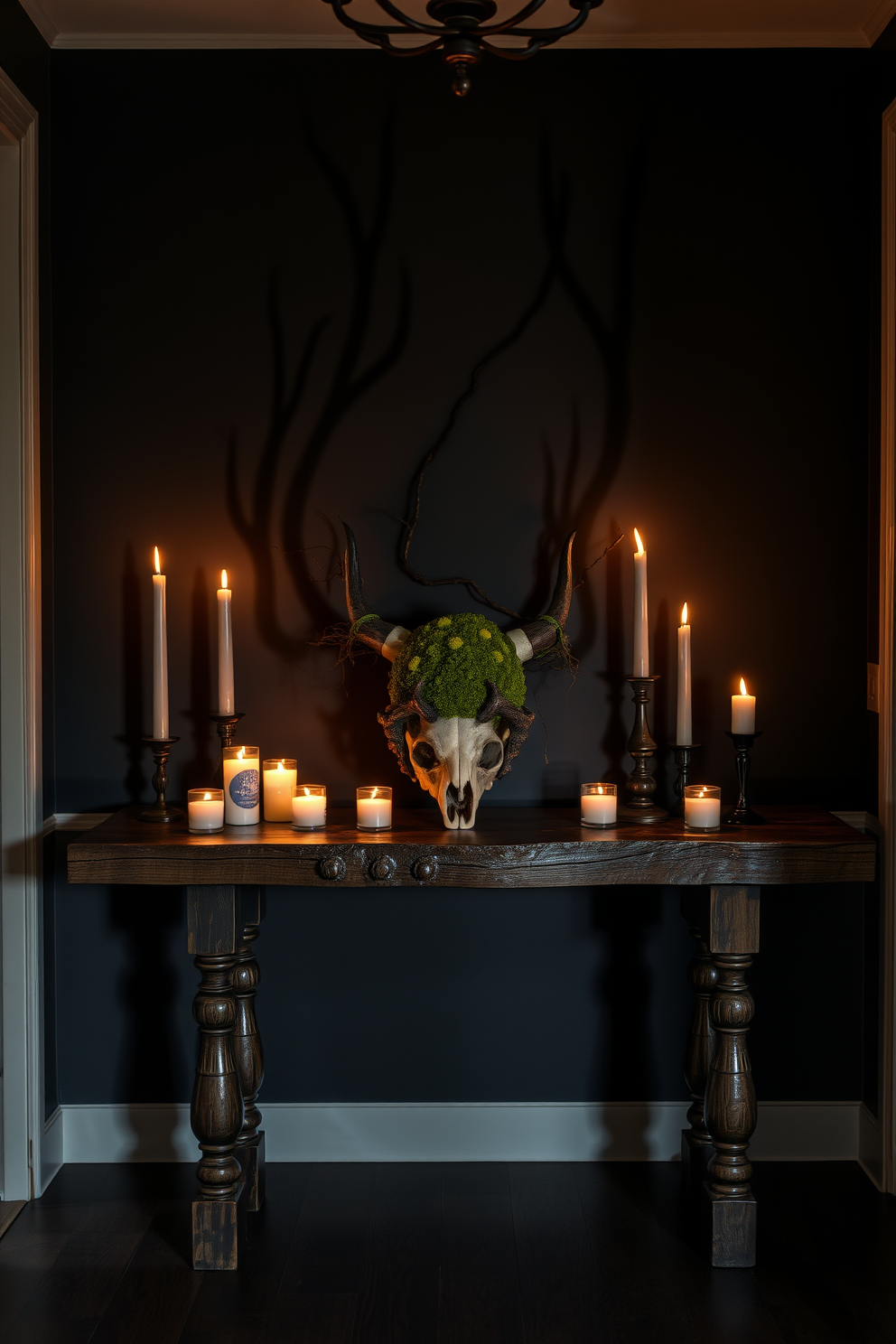 A dramatic entryway features a rustic wooden table adorned with a moss and skull centerpiece. Flickering candles in various heights surround the arrangement, casting eerie shadows on the walls painted in deep charcoal.