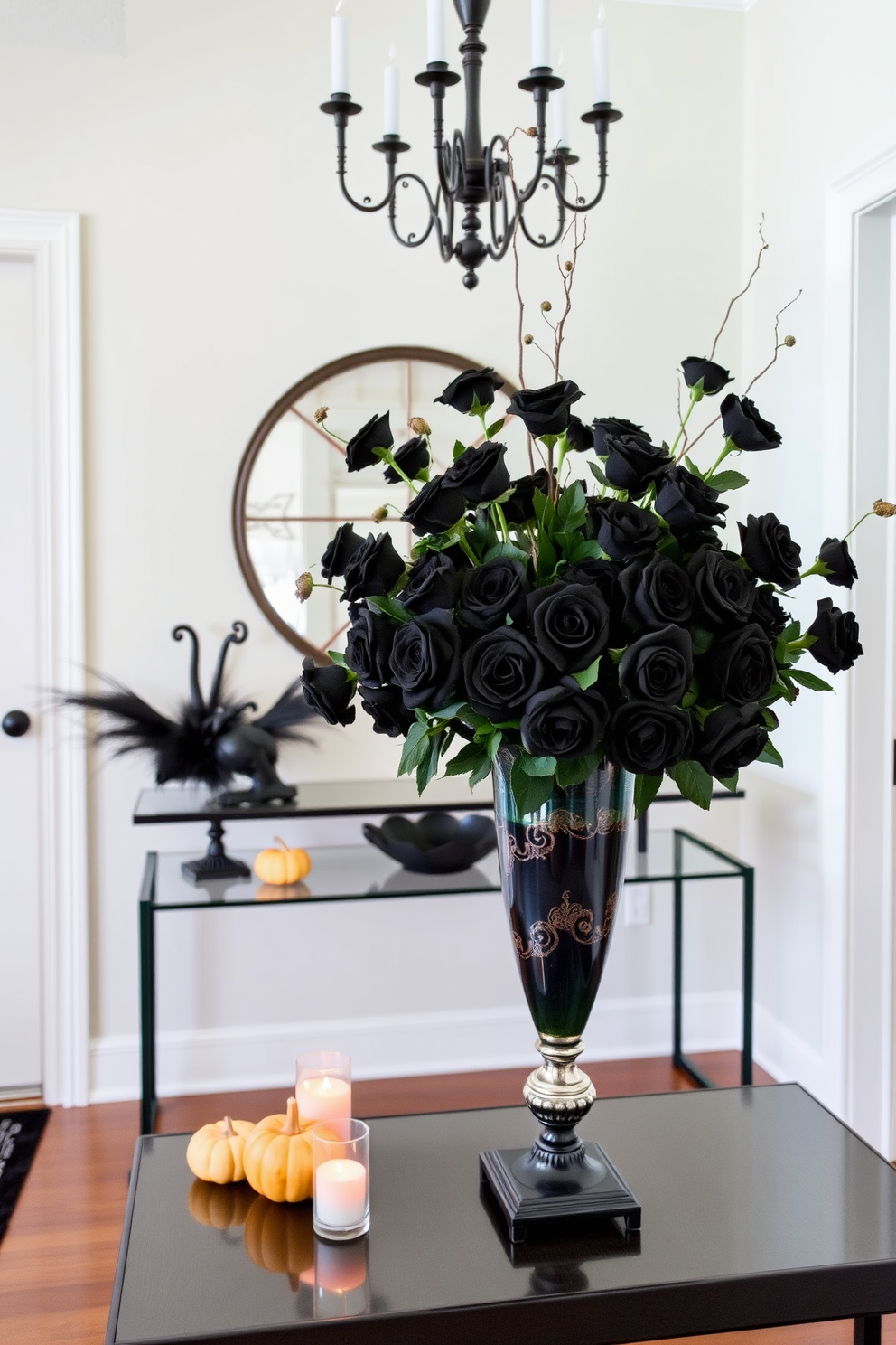 A striking entryway adorned with a unique floral arrangement featuring black roses. The arrangement is placed in an elegant vase on a console table, complemented by subtle Halloween-themed decor such as small pumpkins and flickering candles.