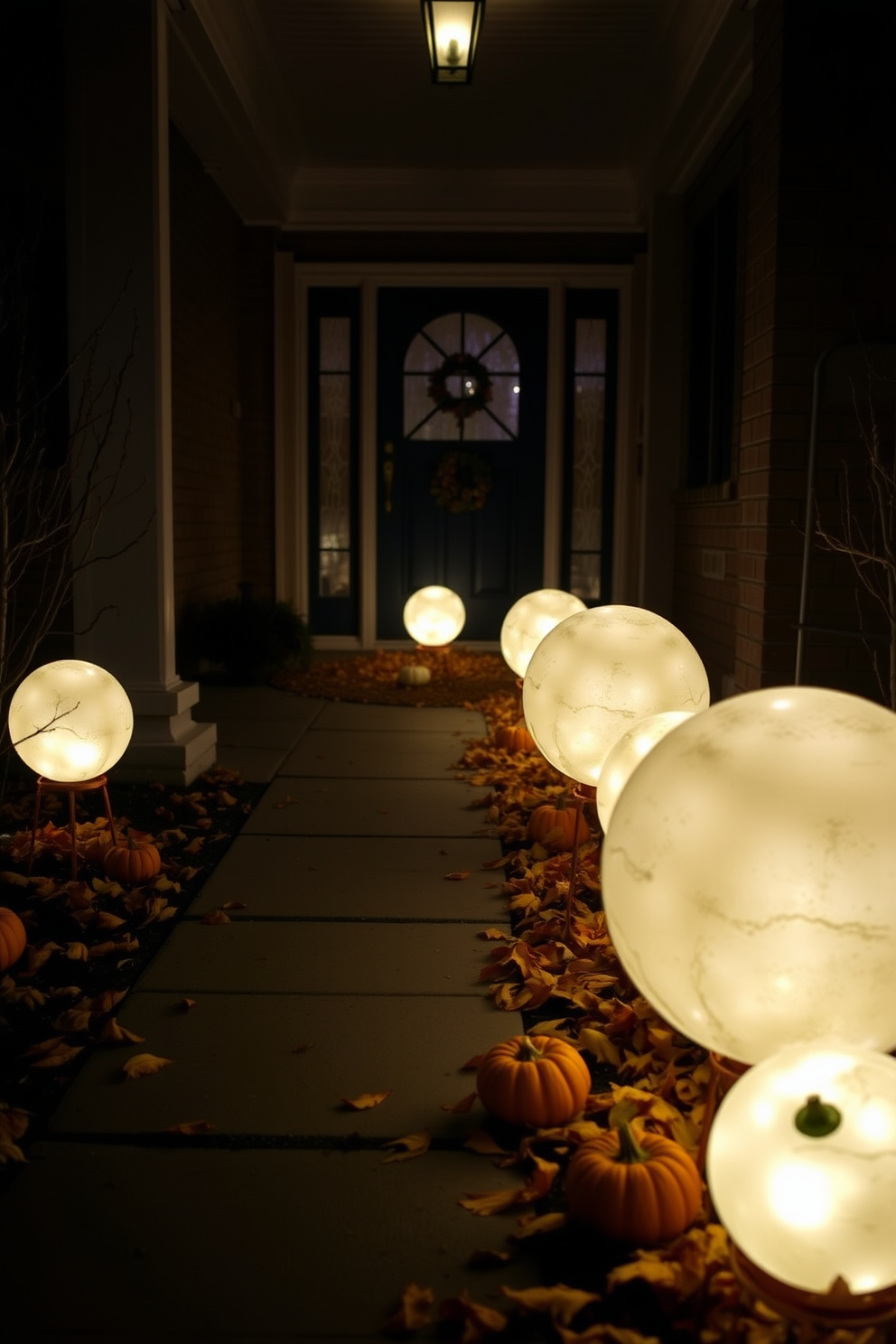 Create a spooky Halloween entryway featuring glowing orbs lining the walkway. The orbs emit an eerie light and are surrounded by autumn leaves and scattered pumpkins.