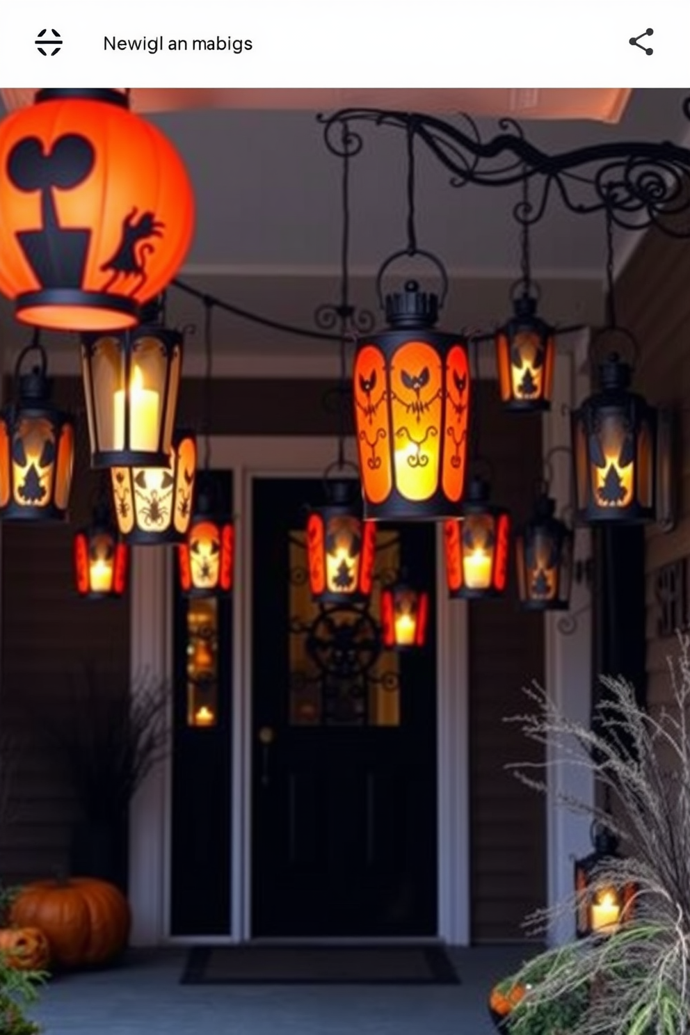 A captivating Halloween entryway features an array of hanging lanterns adorned with spooky designs. The warm glow of flickering candles inside each lantern creates an inviting yet eerie atmosphere as guests approach the door.