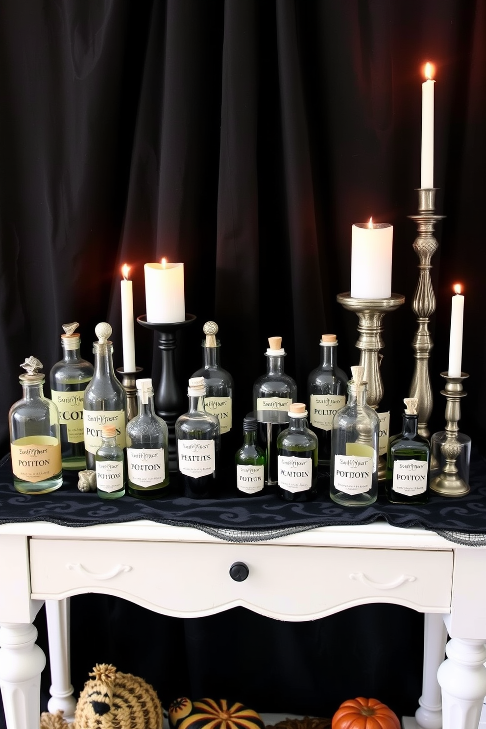 A charming entry table adorned with an assortment of DIY potion bottles in various shapes and sizes. The table is draped with a dark velvet cloth, and flickering candles create an inviting atmosphere for Halloween.