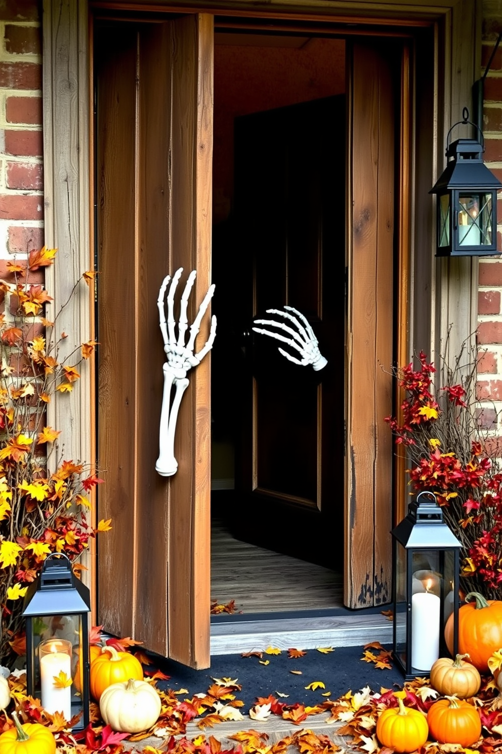 A charming scarecrow stands at the entrance, welcoming guests with a friendly smile. Dressed in a plaid shirt and denim overalls, the scarecrow holds a small pumpkin in one hand and waves with the other. Surrounding the scarecrow are vibrant autumn leaves and colorful gourds, creating a festive atmosphere. Softly glowing lanterns illuminate the entryway, adding a warm and inviting touch to the Halloween decor.