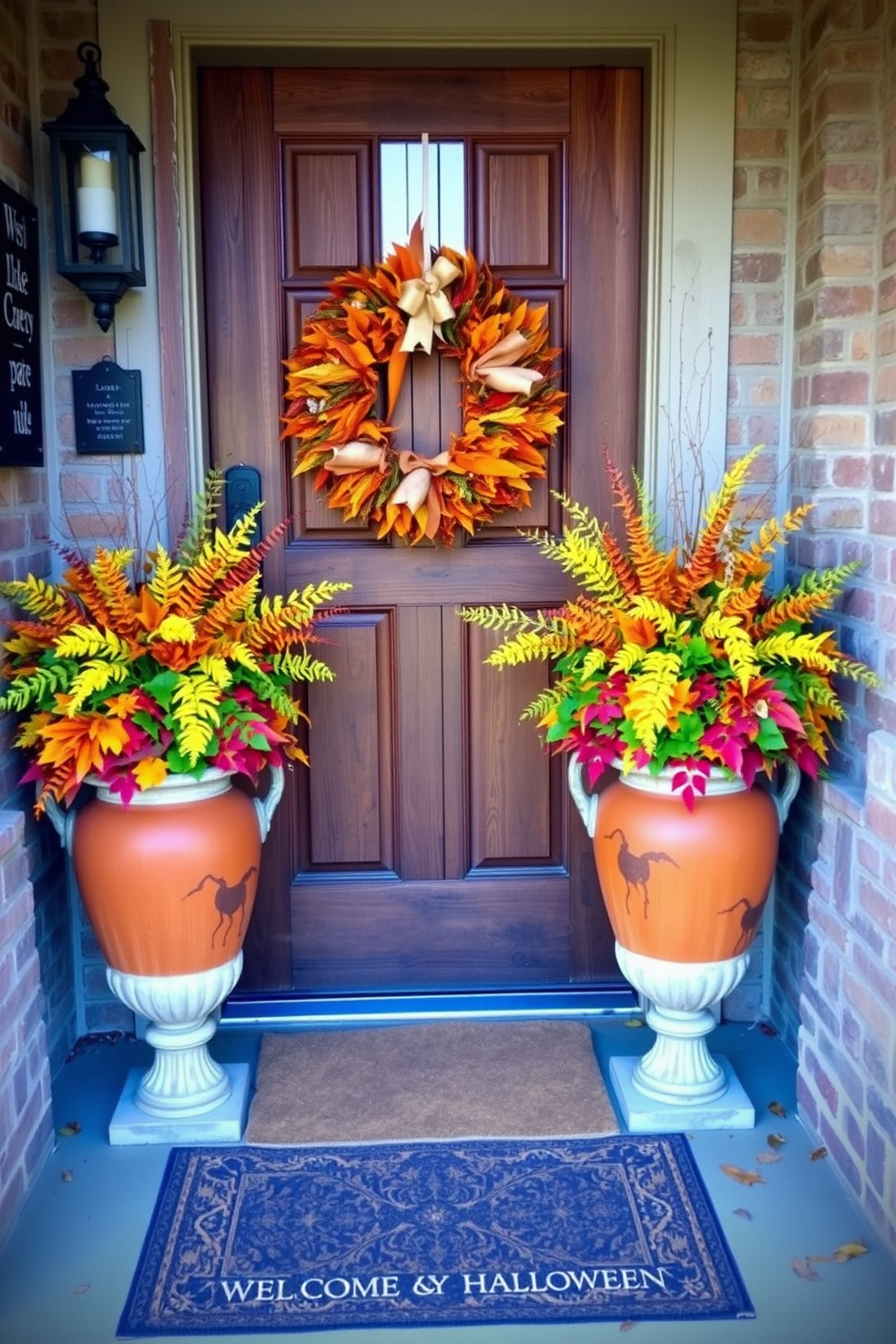 A welcoming entryway adorned with decorative urns filled with vibrant autumn foliage. The urns are placed on either side of a rustic wooden door, creating a warm and inviting atmosphere for Halloween.