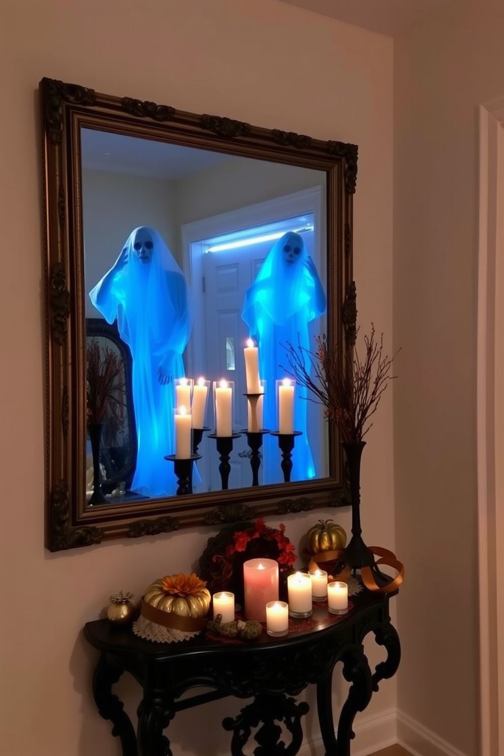 Framed mirrors with ghostly reflections create an eerie yet captivating atmosphere in the entryway. A dark, ornate console table sits beneath the mirrors, adorned with flickering candles and autumn-themed decorations.