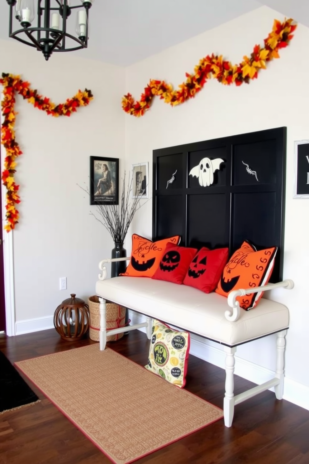 An inviting entryway features a stylish bench adorned with colorful Halloween-themed pillows. The walls are decorated with spooky artwork and garlands of autumn leaves, creating a festive atmosphere.