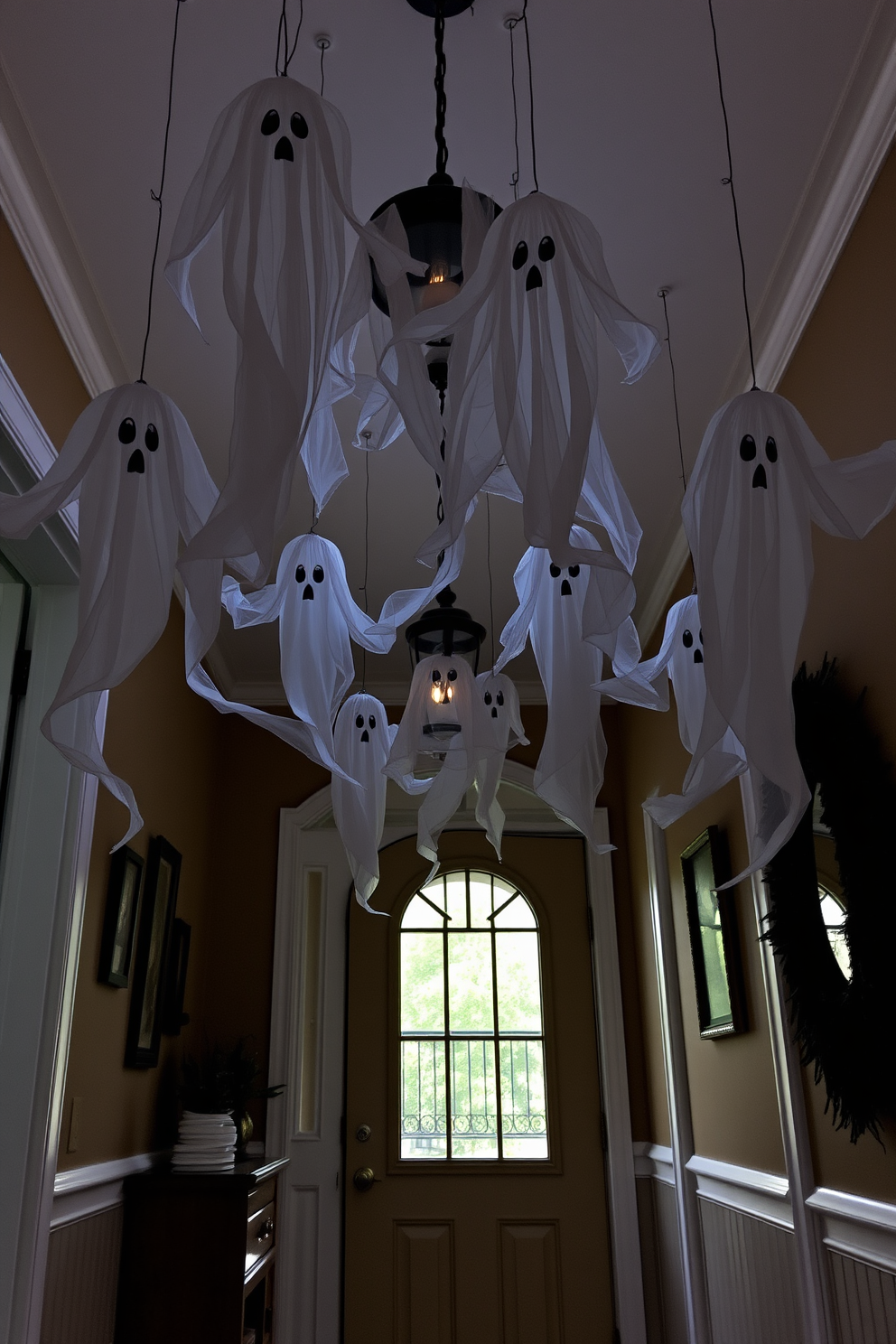 A festive entryway adorned with hanging ghost decorations that sway gently from the ceiling. The ghosts are crafted from sheer white fabric, creating an ethereal and spooky atmosphere as they flutter in the breeze.