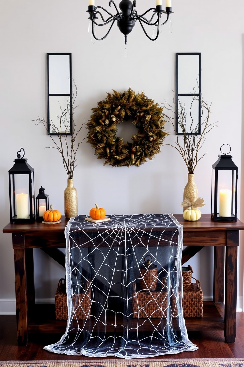 A striking entryway adorned with a spider web table runner that adds a touch of Halloween charm. The runner drapes elegantly over a rustic wooden console table, complemented by small decorative pumpkins and flickering candle lanterns on either side.