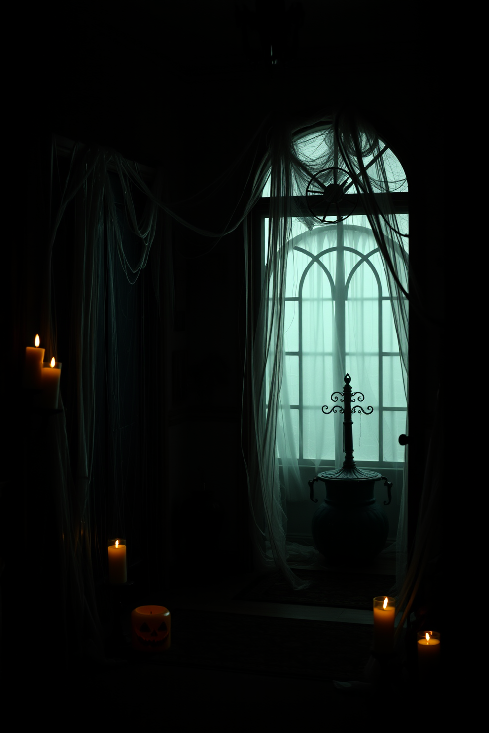 A spooky entryway adorned with creepy cobwebs draping from the corners and windows. Flickering candles cast eerie shadows on the walls, enhancing the haunting atmosphere of the Halloween decor.