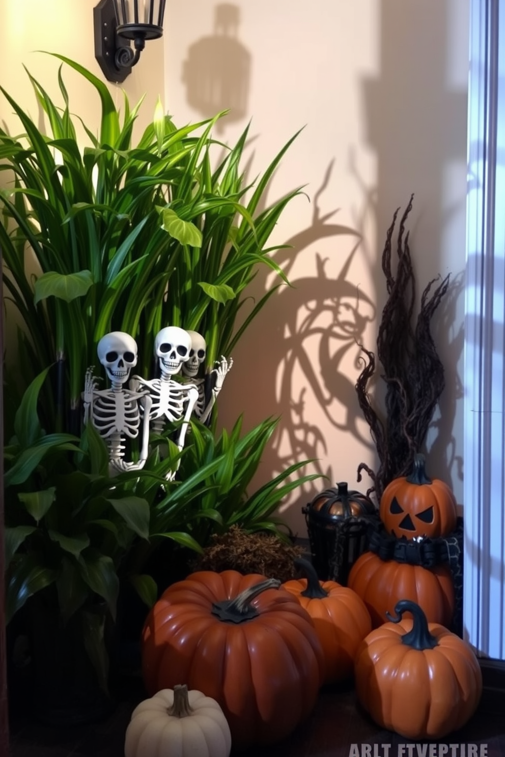 Skeletons peek from behind lush green plants in a whimsical Halloween entryway. The scene is accented with decorative pumpkins and eerie lighting that casts playful shadows on the walls.