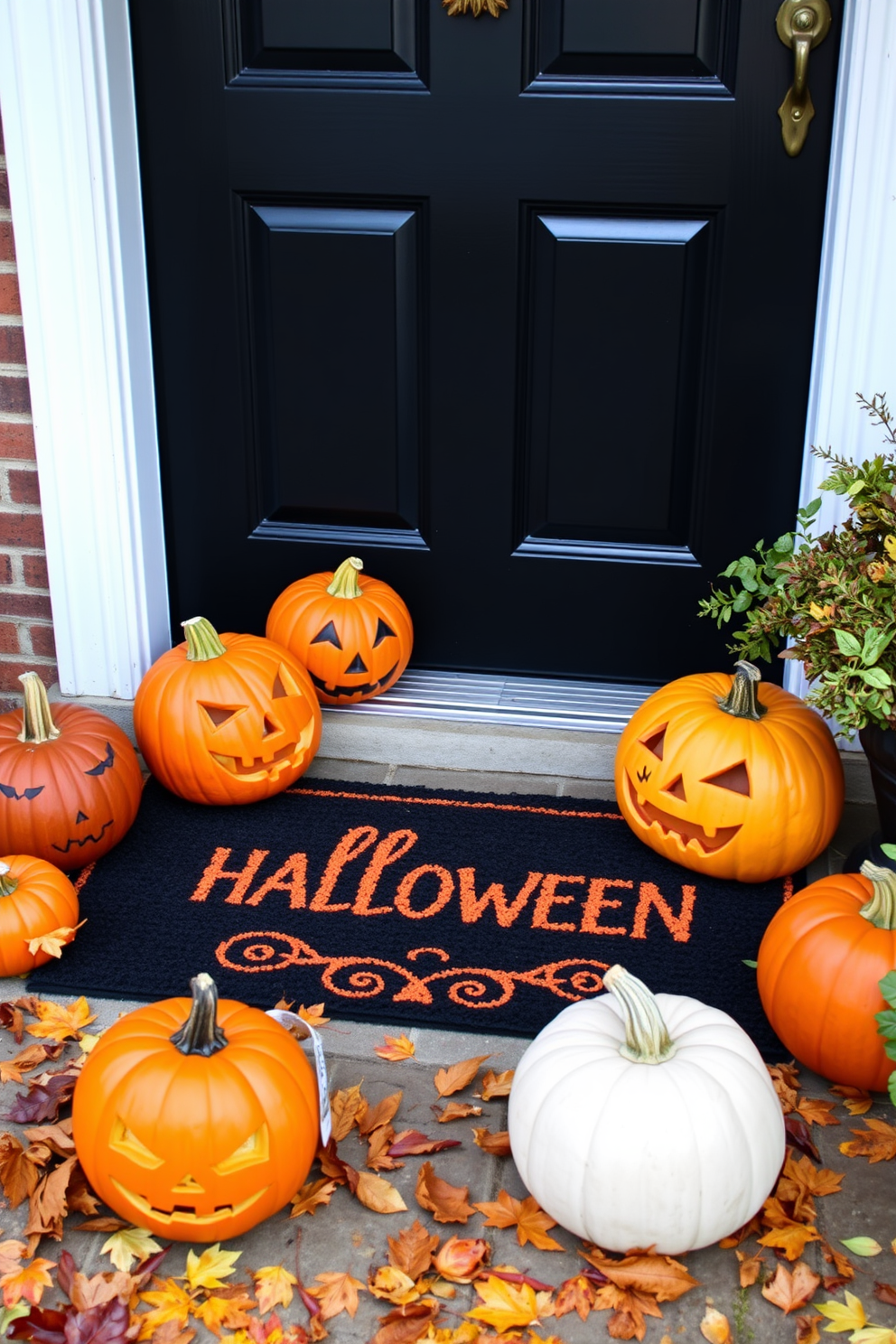 A spooky entryway adorned with creepy cobwebs draped over the railings. Dim lighting casts eerie shadows, enhancing the chilling atmosphere of Halloween decorations.