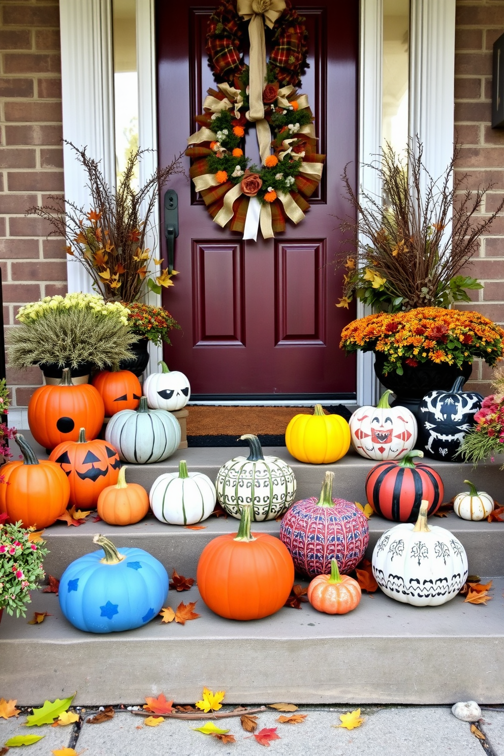 A charming Halloween entryway featuring a series of DIY painted pumpkins in various colors and designs arranged on the steps. The front door is adorned with a festive wreath, and autumn leaves are scattered around the pumpkins to enhance the seasonal ambiance.