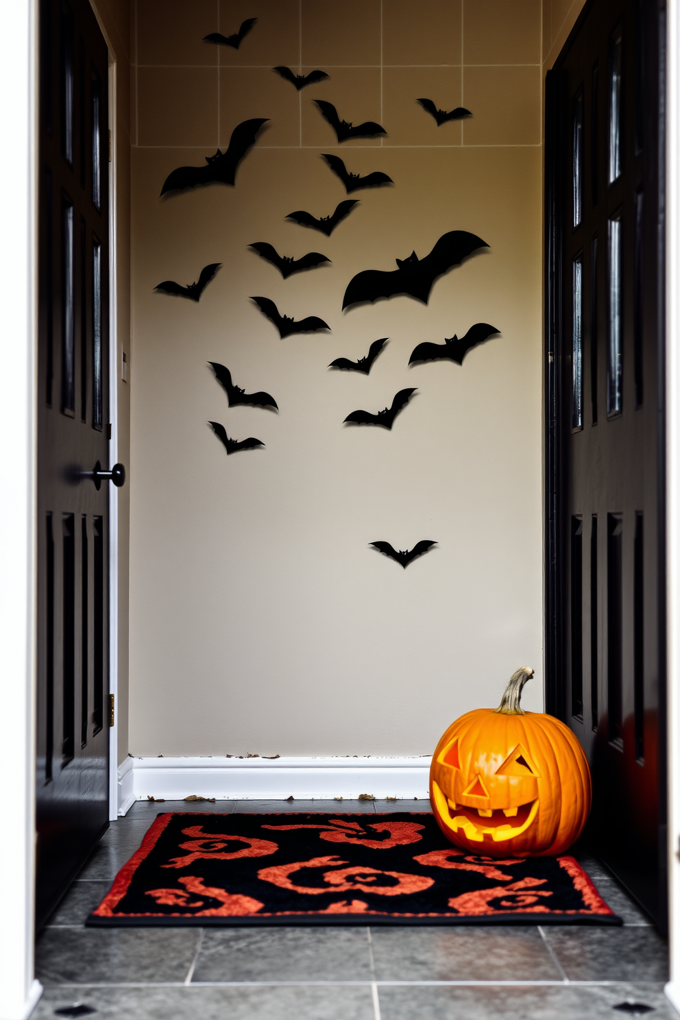 A spooky Halloween entryway features bats flying across the wall, creating an eerie atmosphere. The floor is adorned with a black and orange rug, and a carved pumpkin sits next to the door, welcoming guests with a playful fright.