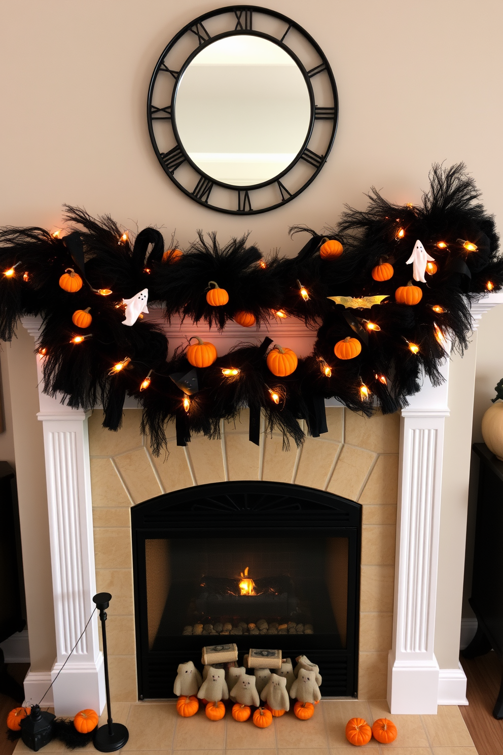 A spooky black and orange garland hangs elegantly across the mantel of a cozy fireplace. The garland is adorned with miniature pumpkins, ghostly figures, and twinkling lights, creating a festive Halloween atmosphere.