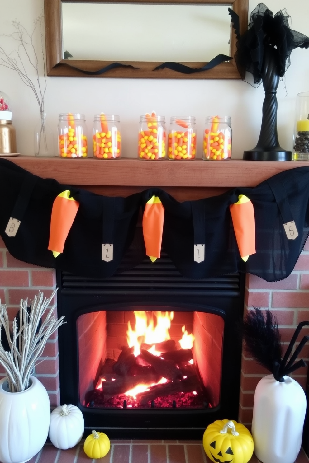 A cozy fireplace adorned for Halloween features a rustic mantel decorated with mason jars filled with vibrant candy corn. The warm glow of the fire complements the festive colors, creating an inviting atmosphere perfect for the season.