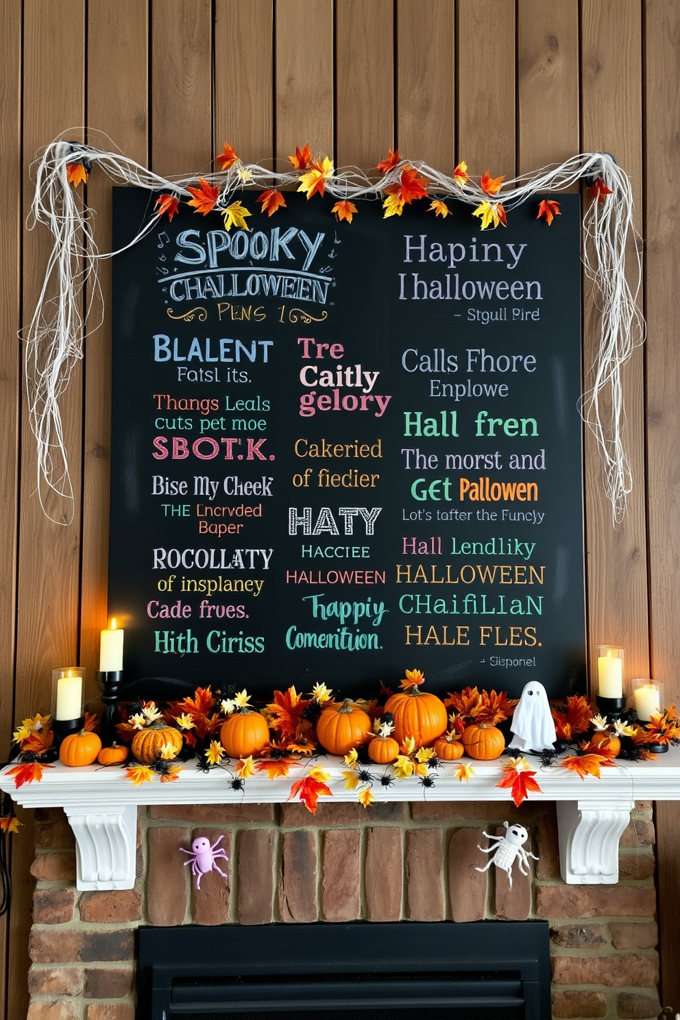 A large chalkboard is mounted on a rustic wooden wall, filled with spooky Halloween quotes in vibrant chalk colors. Surrounding the chalkboard, cobwebs and plastic spiders add a playful touch to the eerie atmosphere. The fireplace is adorned with an assortment of Halloween decorations, including miniature pumpkins and flickering LED candles. Above the mantel, a garland of autumn leaves and ghostly figures creates a festive and inviting focal point.