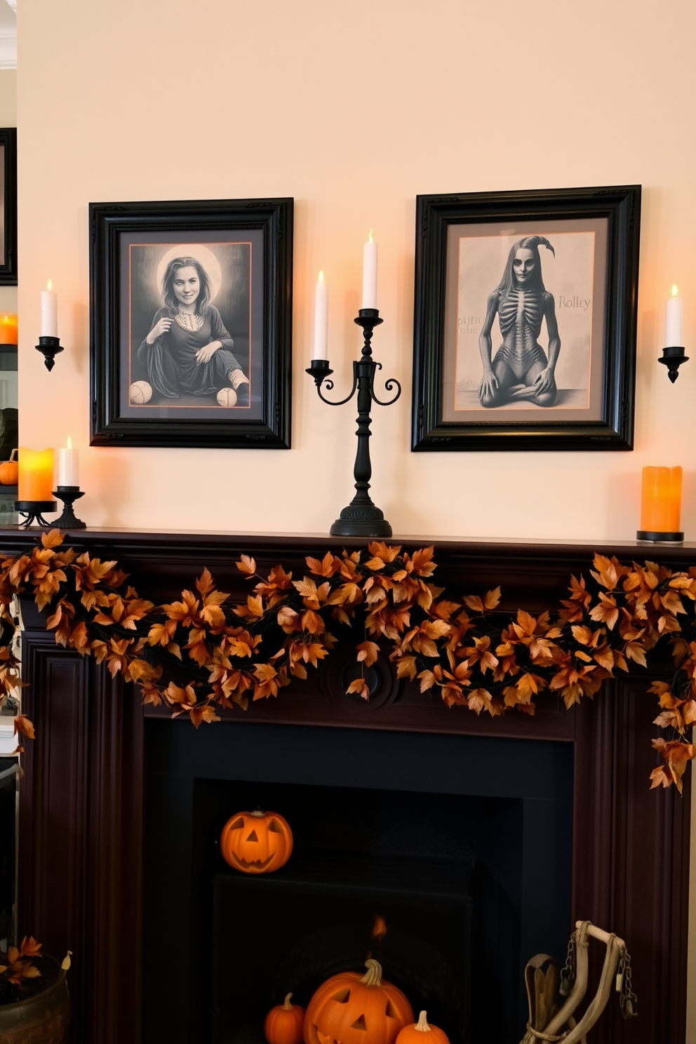 Framed vintage Halloween art pieces adorn the walls, showcasing classic spooky imagery in ornate black frames. The artwork is complemented by a warm, inviting glow from flickering candles placed on nearby shelves. The fireplace is elegantly decorated with autumnal garlands featuring leaves and miniature pumpkins. A collection of carved jack-o'-lanterns sits on the mantel, adding a festive touch to the cozy atmosphere.