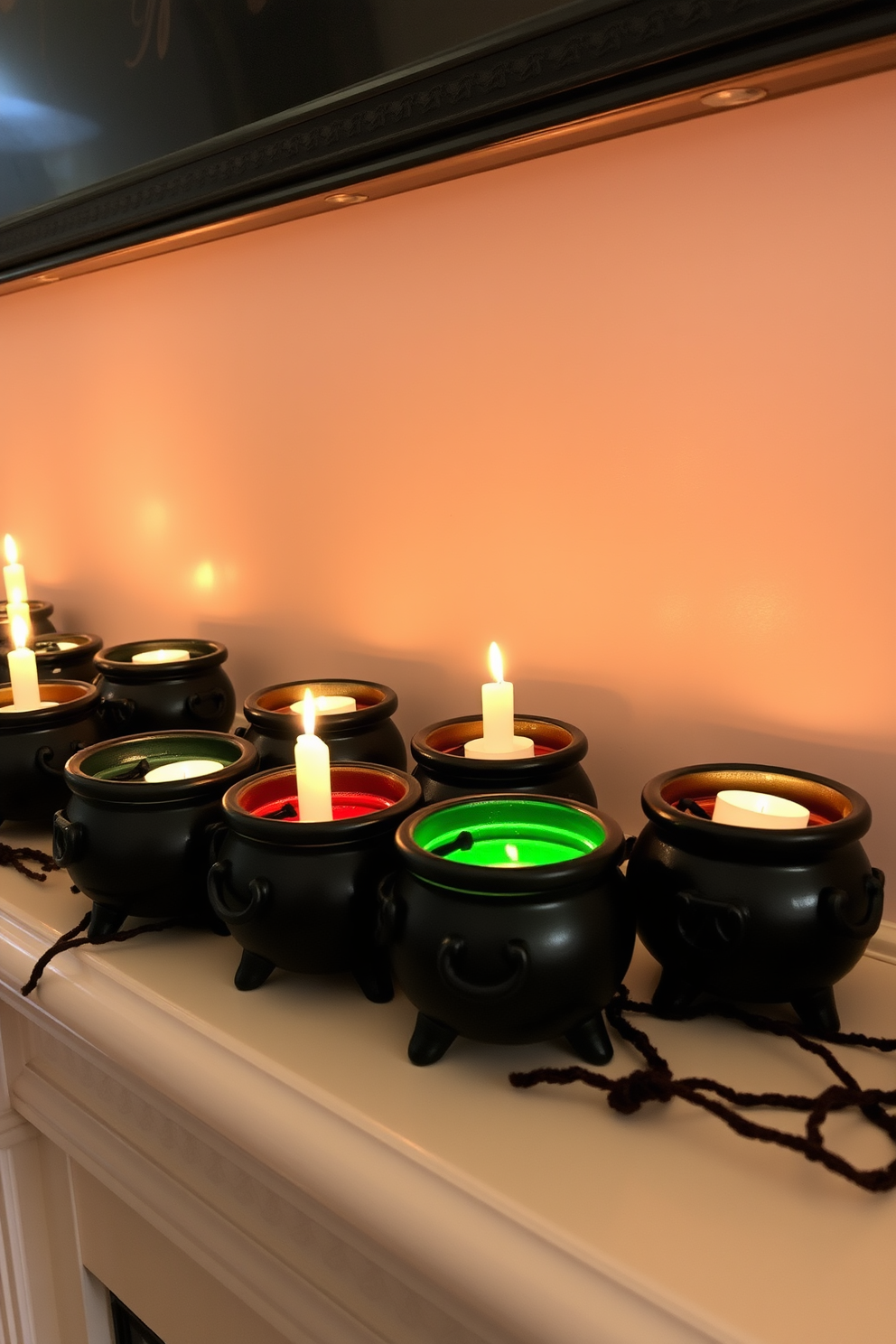 Mini cauldrons filled with faux potions are scattered across the mantel, adding a whimsical touch to the Halloween decor. Flickering LED candles are nestled among the cauldrons, casting an enchanting glow that enhances the festive atmosphere.