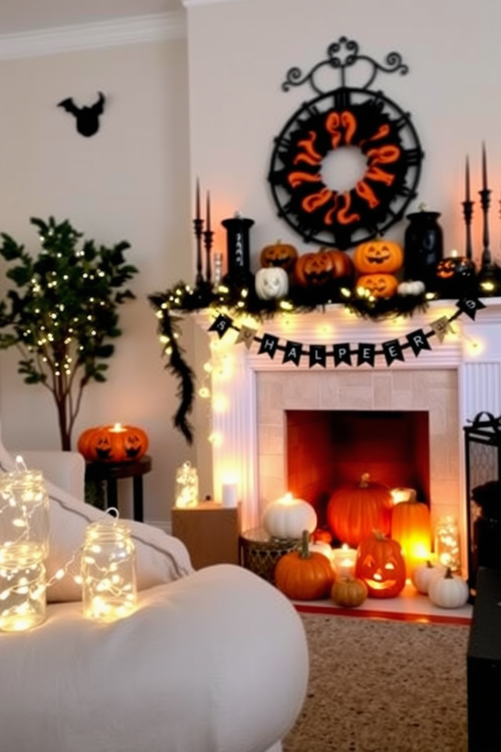 A charming scarecrow figure sits on the mantel, adorned with a colorful plaid shirt and a straw hat. The fireplace is decorated with autumn leaves, miniature pumpkins, and flickering candles to create a warm Halloween ambiance.