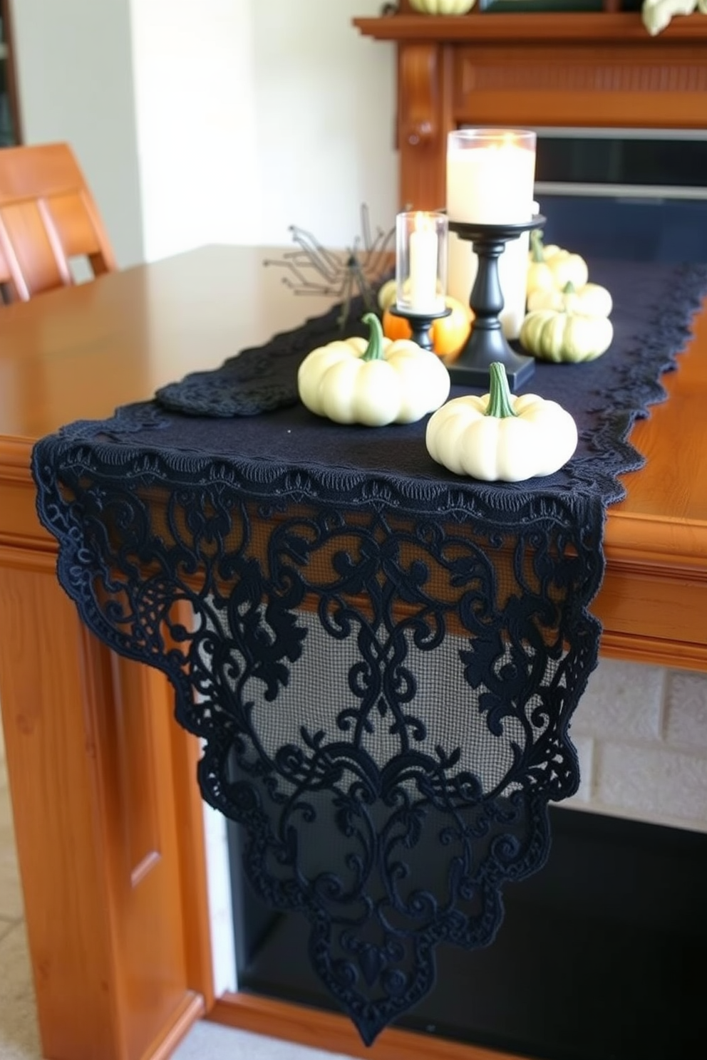 A black lace table runner elegantly drapes across the mantel, creating a striking contrast against the warm wood. Adorn the runner with an assortment of seasonal decorations, such as miniature pumpkins and flickering candles to enhance the Halloween ambiance.