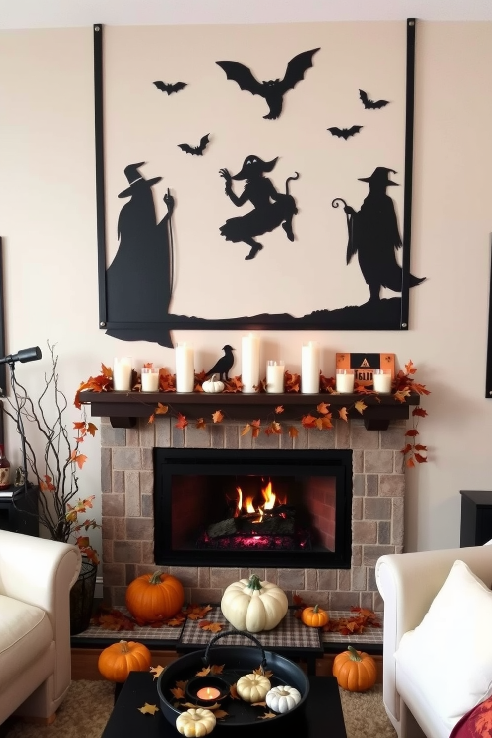 Create a cozy Halloween-themed living room featuring a fireplace adorned with spooky silhouette cutouts on the wall. The fireplace is decorated with pumpkins, candles, and autumn leaves, creating a warm and inviting atmosphere.