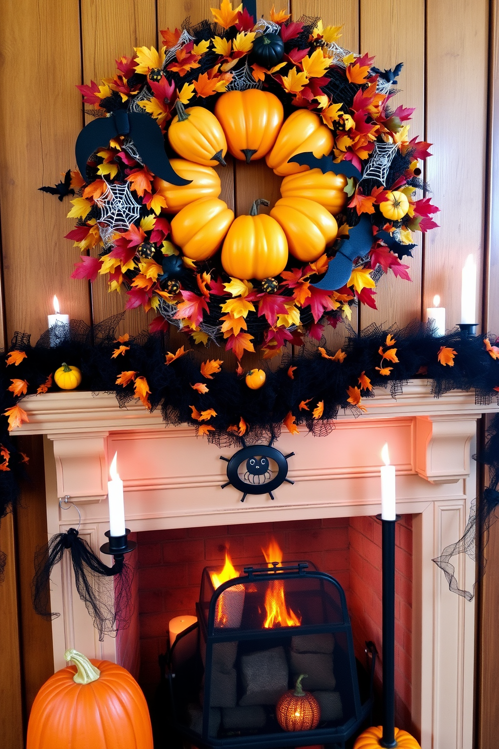 A vibrant autumn wreath adorned with pumpkins, bats, and spider webs hangs on a rustic wooden door. The warm colors of red, orange, and yellow leaves create a festive atmosphere, inviting guests into the home. A cozy fireplace is decorated with spooky Halloween accents, featuring black and orange garlands draped along the mantel. Flickering candles and carved pumpkins add to the enchanting ambiance, making it a perfect gathering spot for the season.