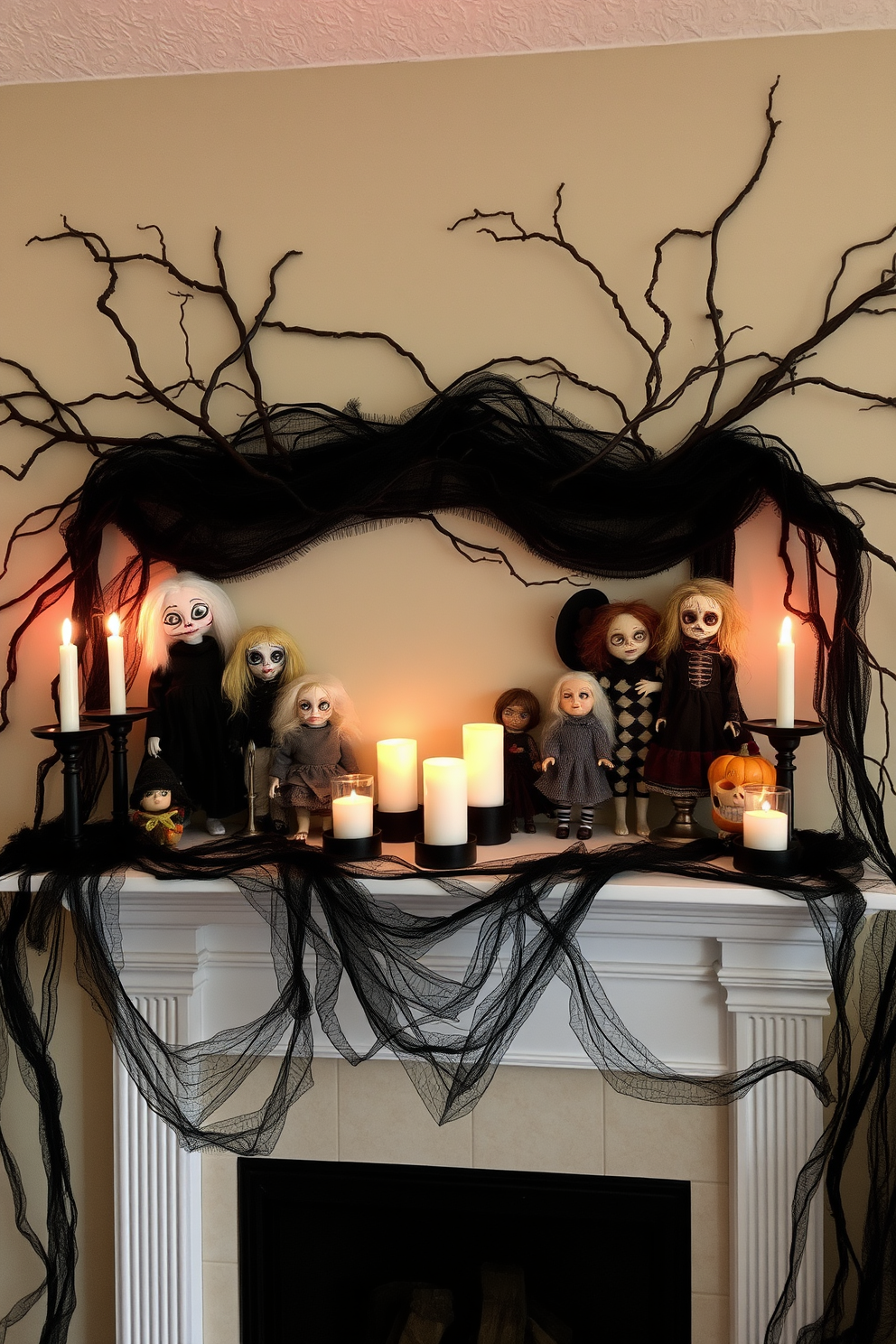 A spooky fireplace setting for Halloween. The mantel is adorned with a collection of creepy dolls, each with unique expressions and outfits, creating an eerie atmosphere. Dark, twisted branches and cobwebs are draped around the fireplace. Flickering candles in black holders add an unsettling glow to the scene.